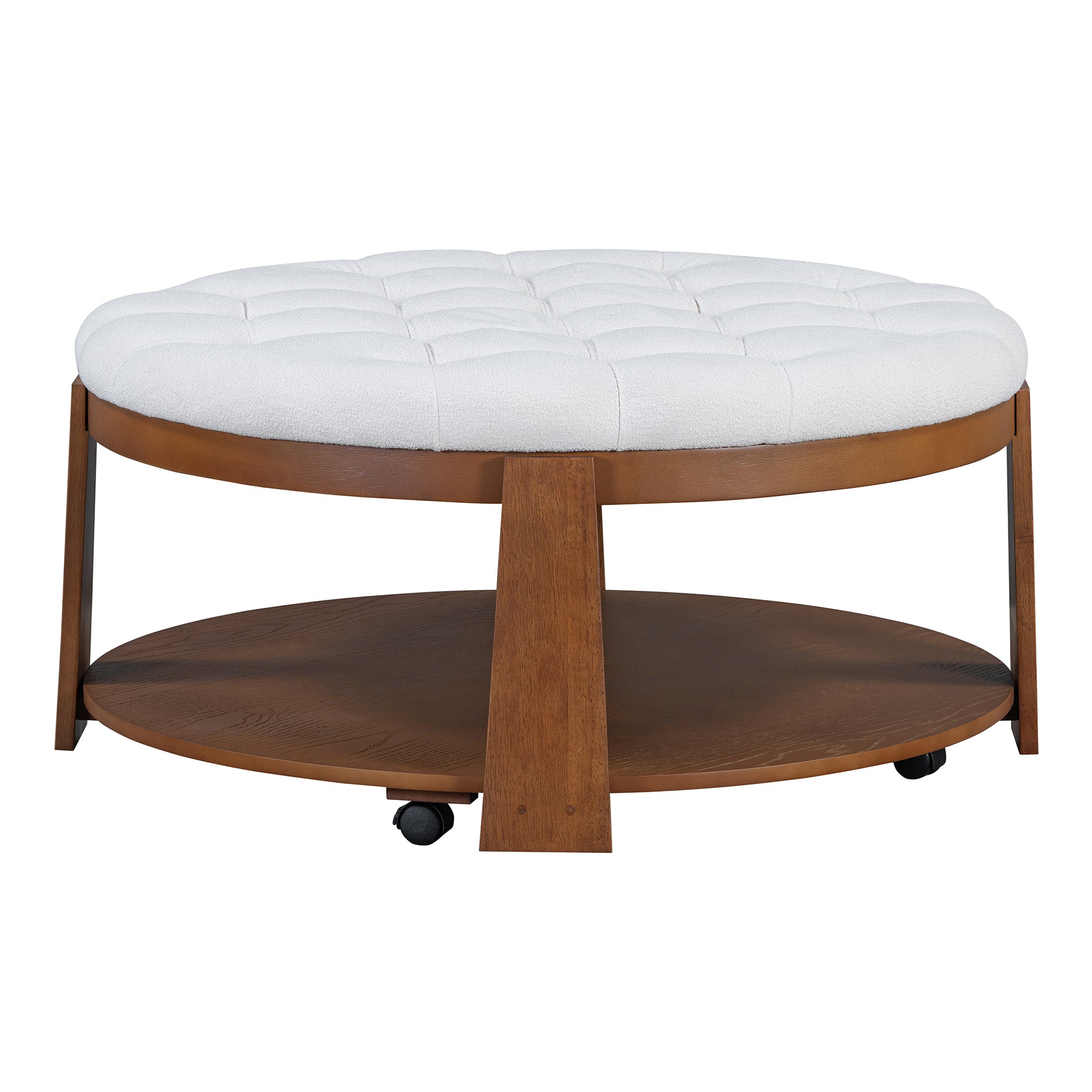 Tufted white boucl fabric ottoman with a duallevel walnut wood frame and casters