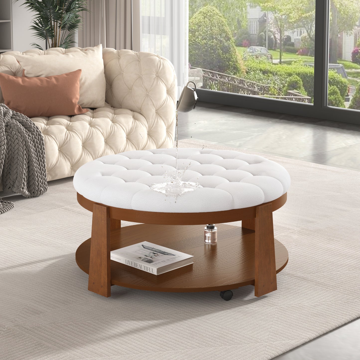 Round tufted white ottoman with wood base and builtin storage shelf