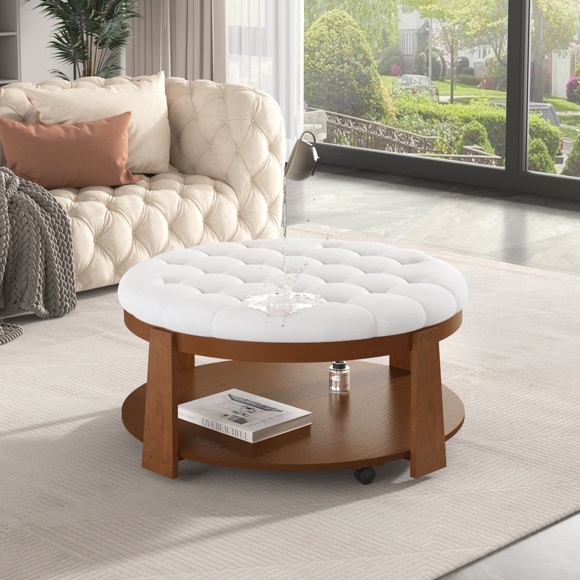 Round tufted white ottoman with wood base and builtin storage shelf