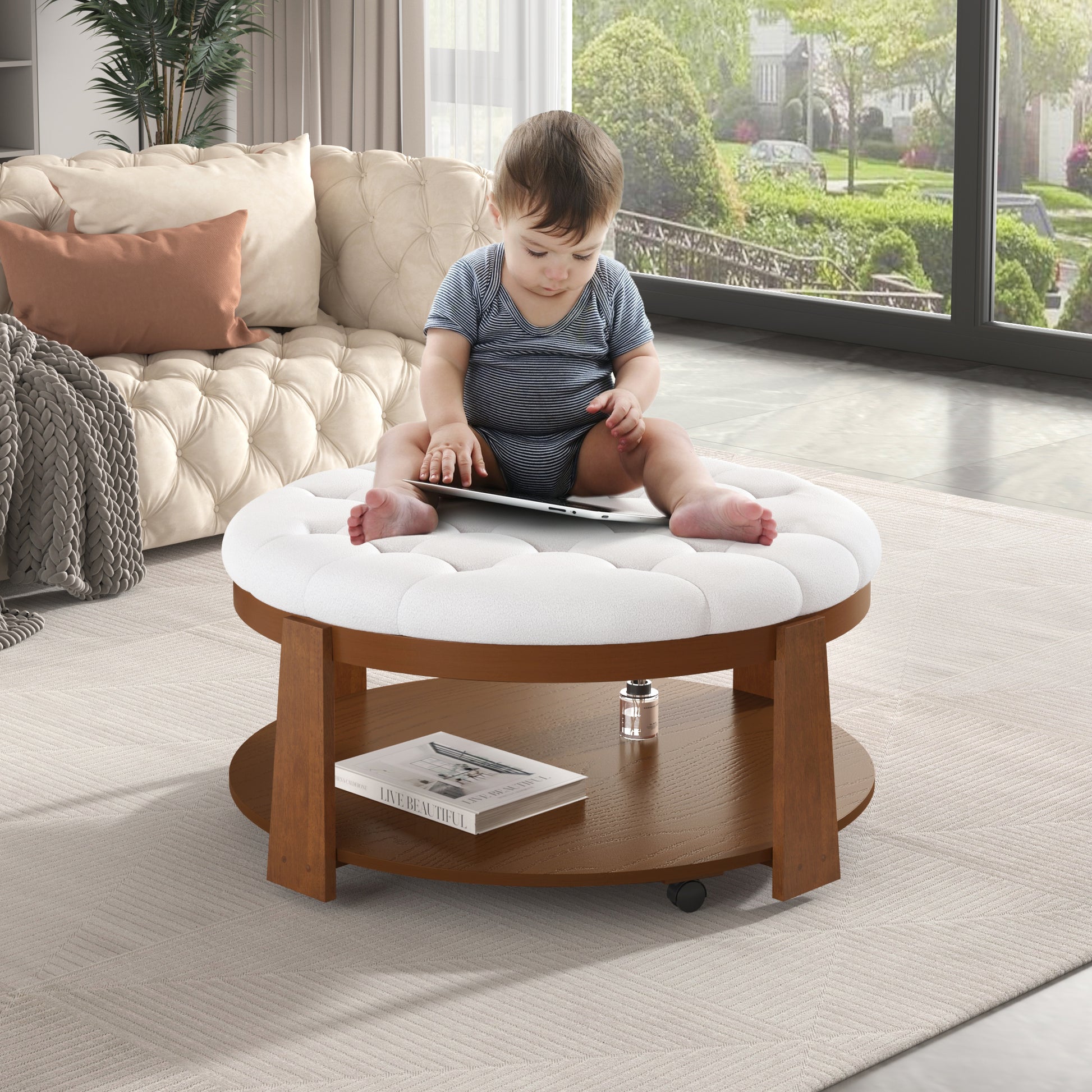 White tufted round ottoman coffee table with wood base and dual shelves