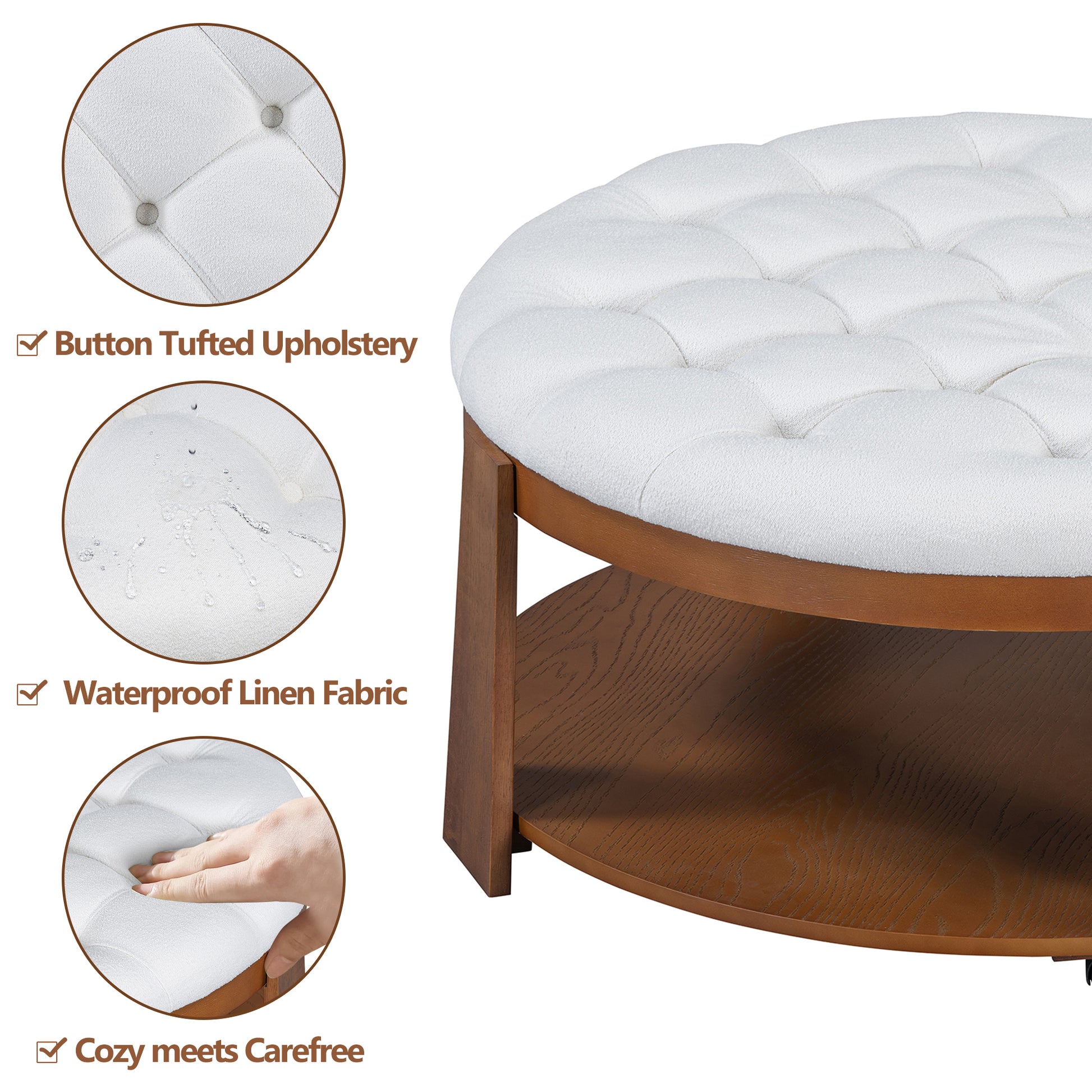 White buttontufted round ottoman with wooden legs and shelf for living room comfort