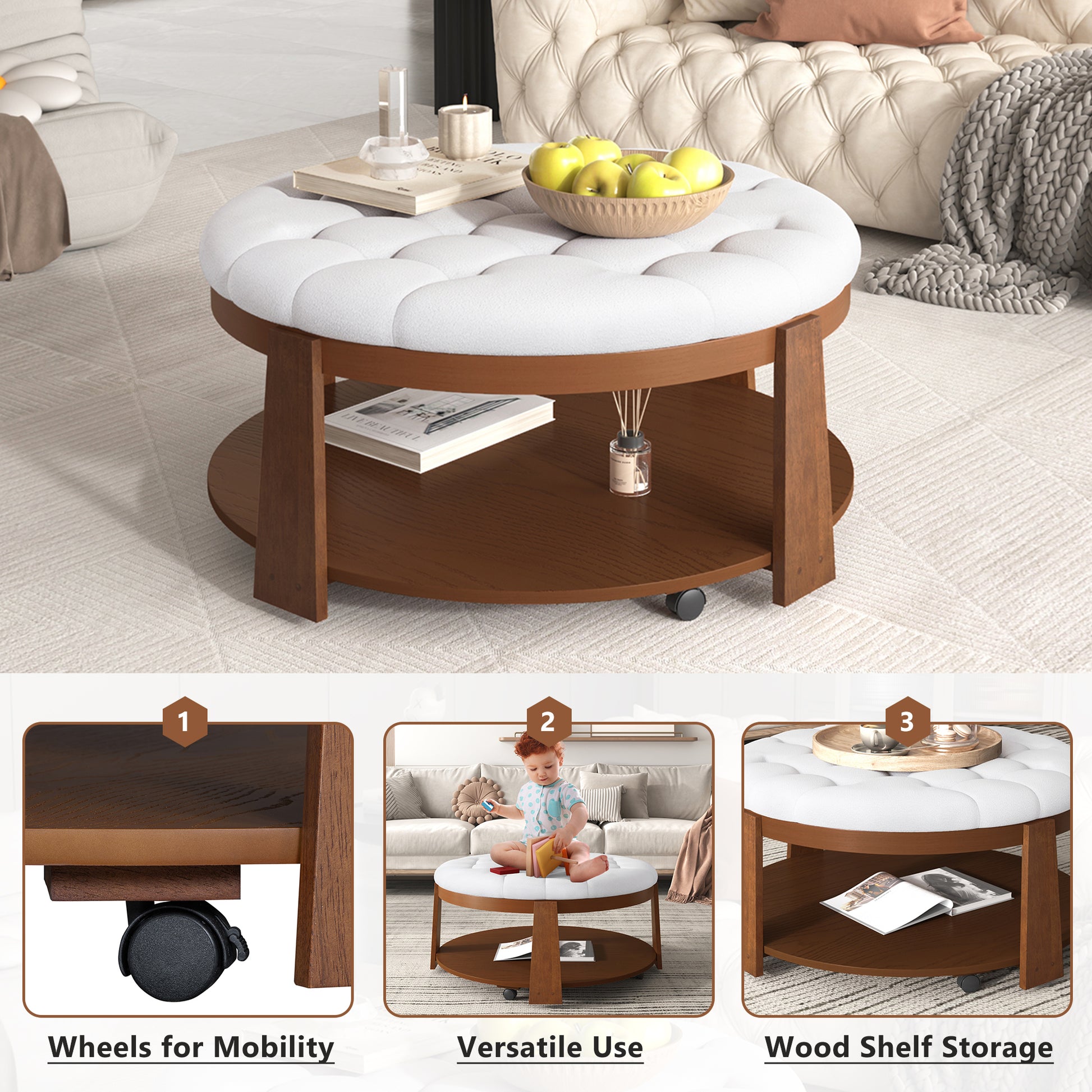Tufted white round ottoman coffee table with wooden frame and storage shelves on wheels