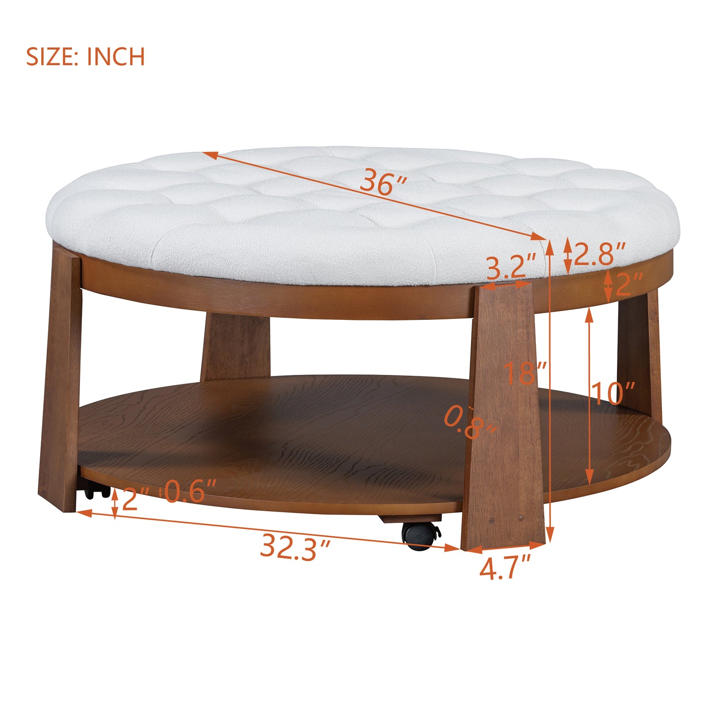 Tufted white fabric round ottoman with wooden legs and lower shelf