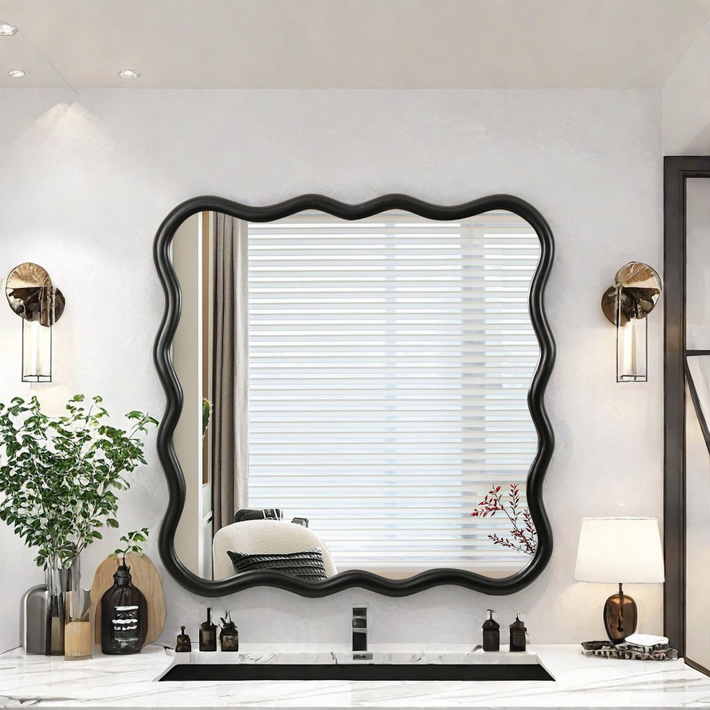 Black wavy framed bathroom mirror with modern wavy border Fits above vanity