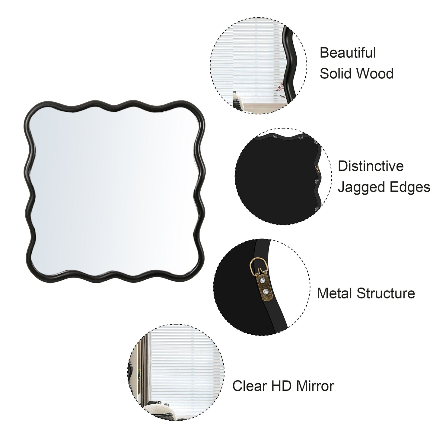 Black wavy edge decorative mirror with solid wood frame adds modern style