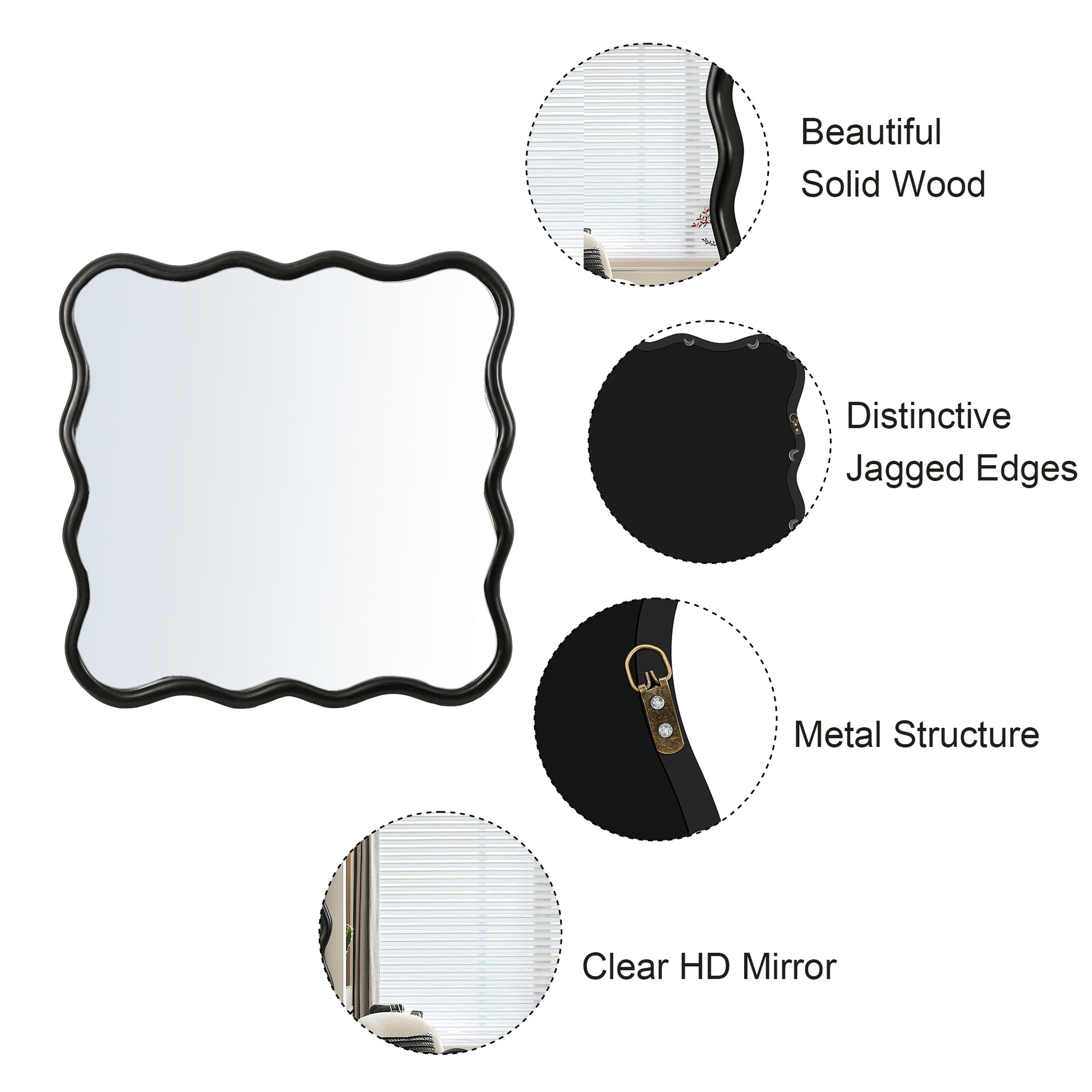 Black wavy edge decorative mirror with solid wood frame adds modern style