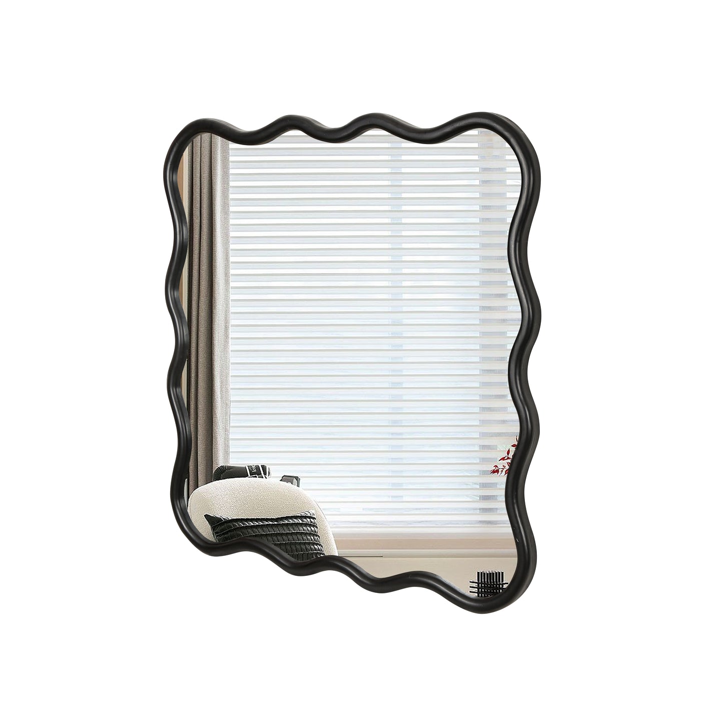 Irregular black framed wall mirror with a wavy silhouette for modern decor