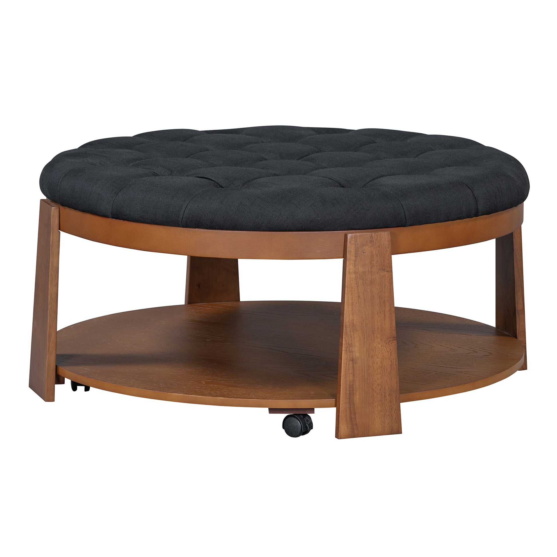 Round black tufted ottoman with wooden frame and lower shelf perfect as a coffee table