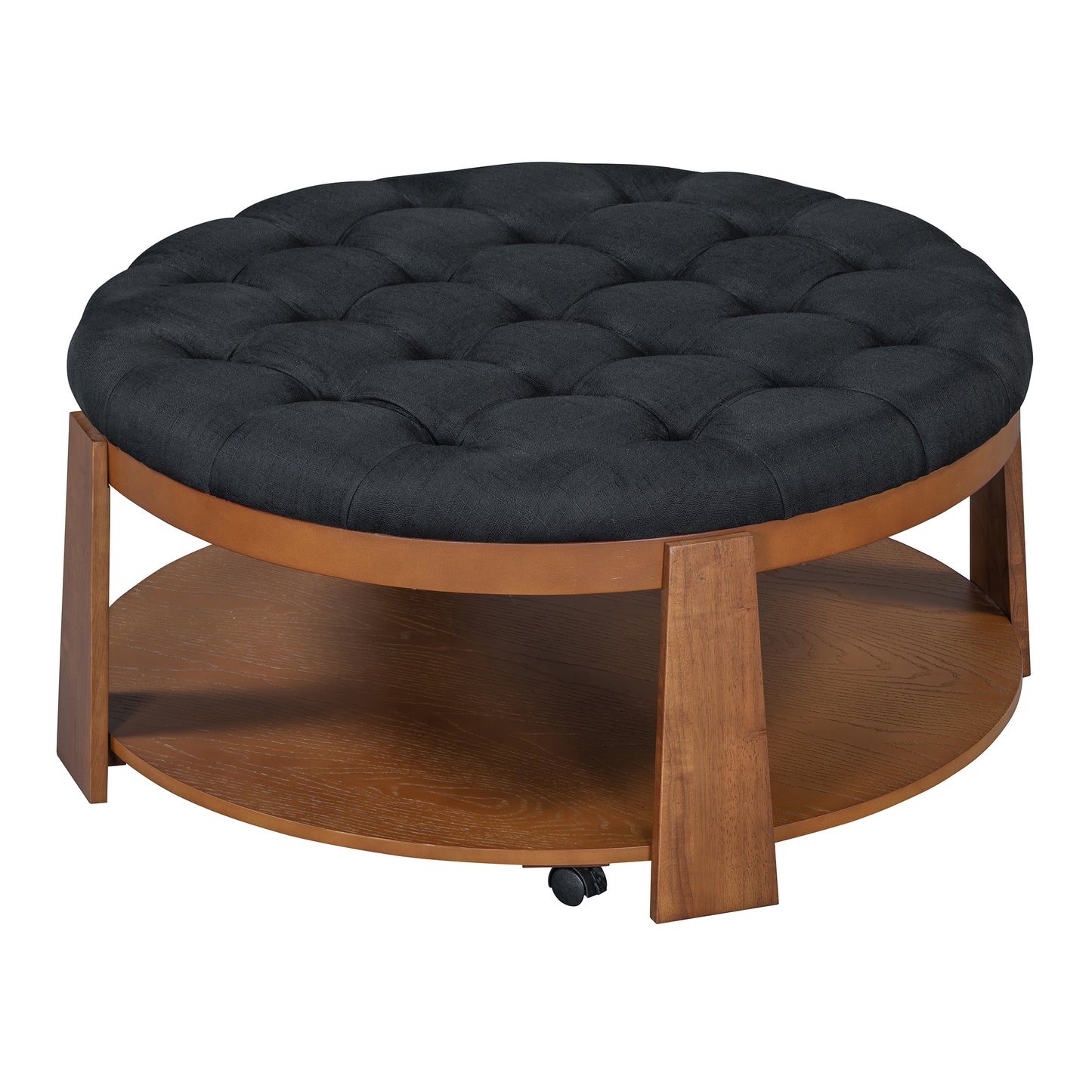 Tufted dark grey fabric round ottoman with wooden base and bottom shelf