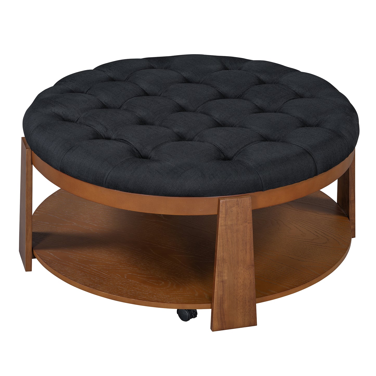Round buttontufted charcoal fabric ottoman with duallevel wood shelves and casters