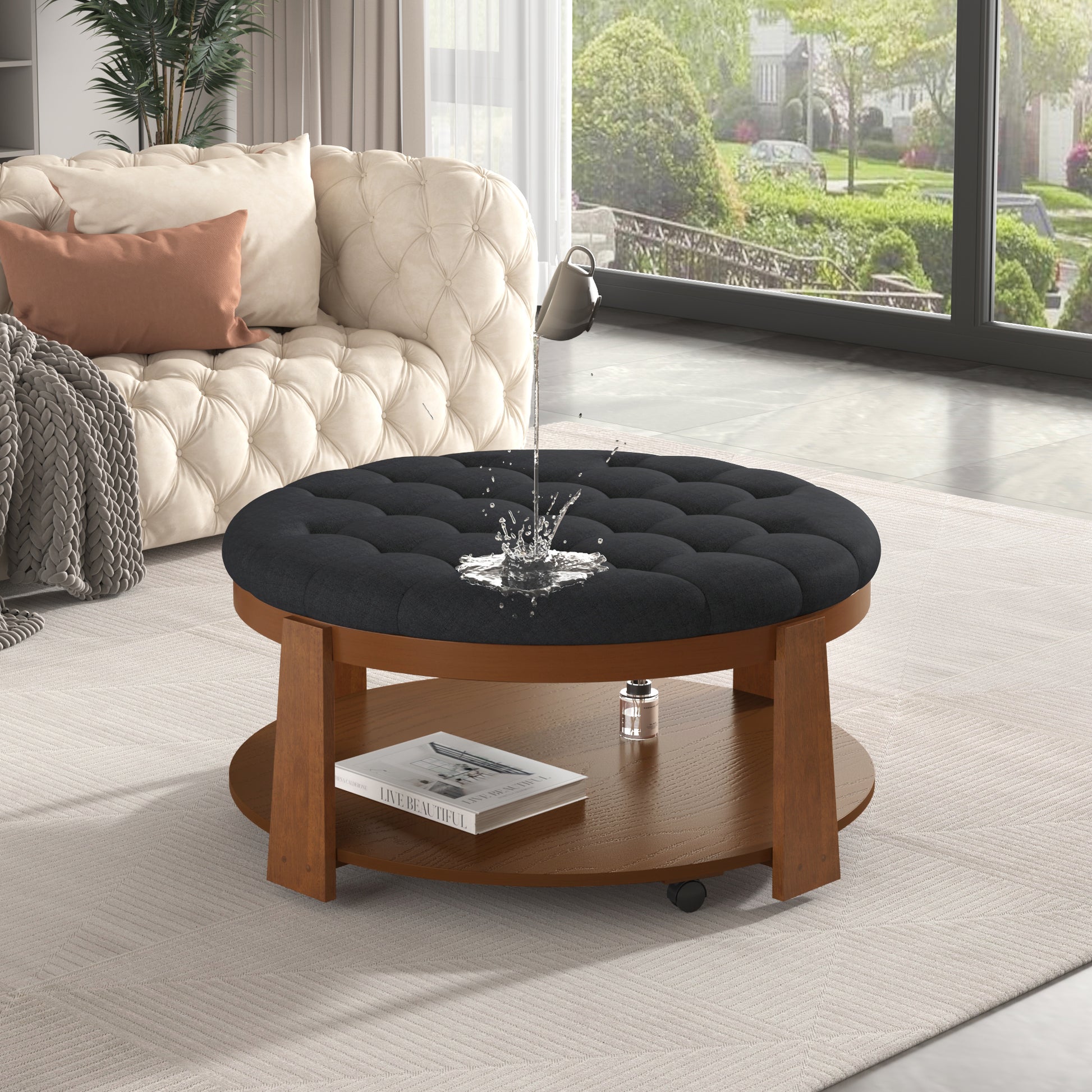 Tufted round ottoman coffee table with dark gray fabric top and wooden base with shelf