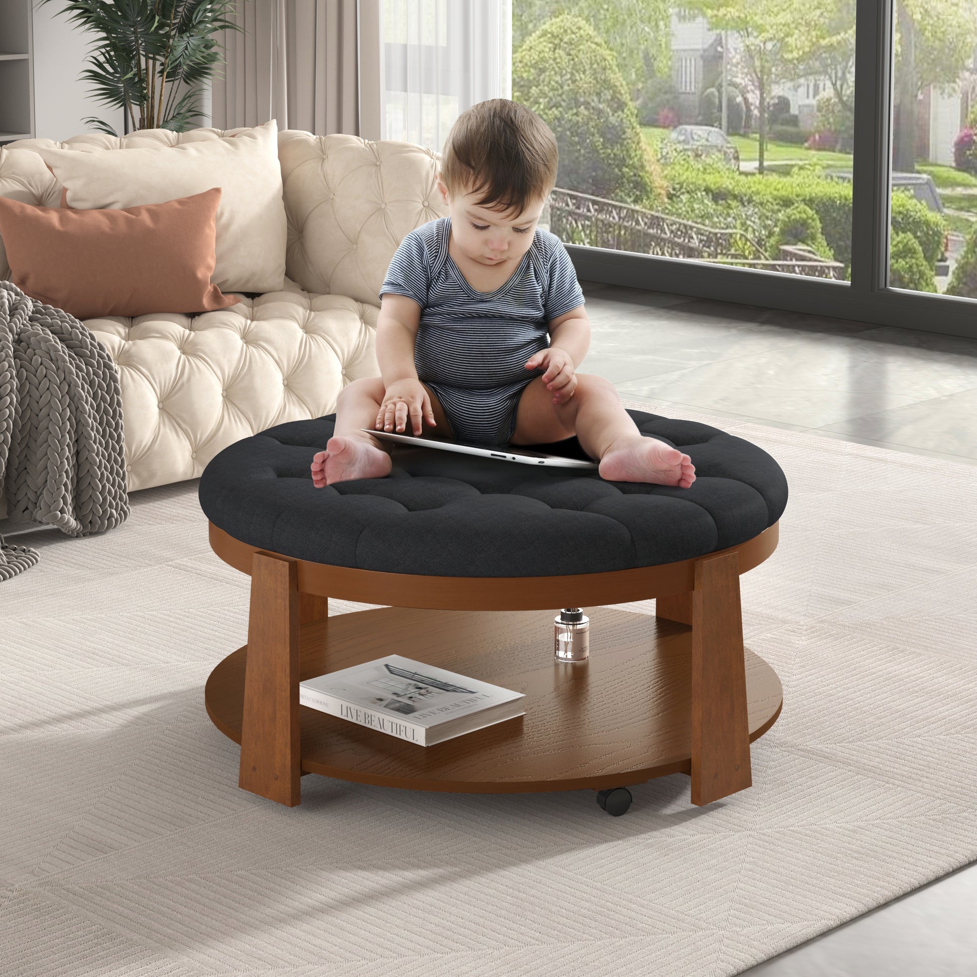 Dark grey upholstered tufted storage ottoman with wooden legs and two shelves featuring a child sitting on top