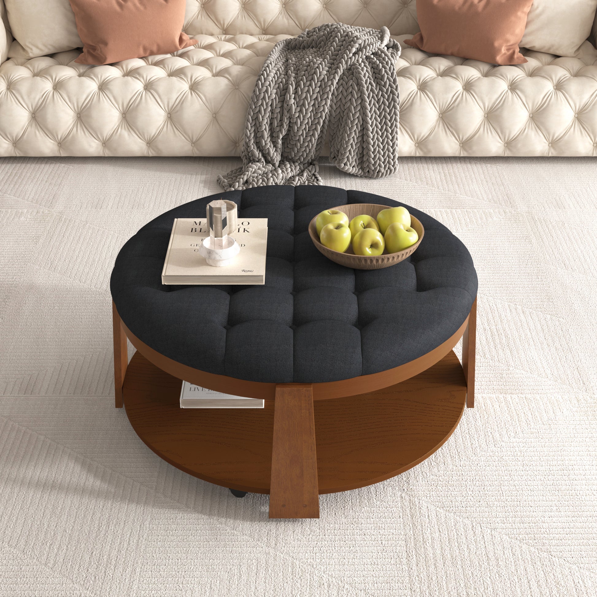 Tufted dark gray fabric ottoman coffee table with wooden legs and shelf
