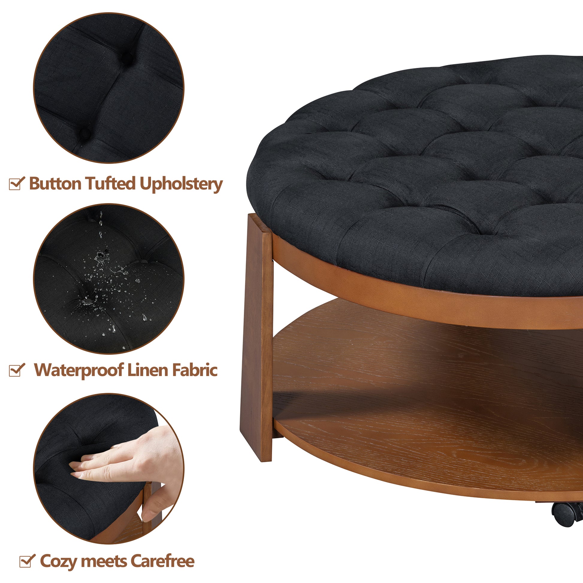 Dark grey button tufted storage ottoman with a wooden frame and shelf