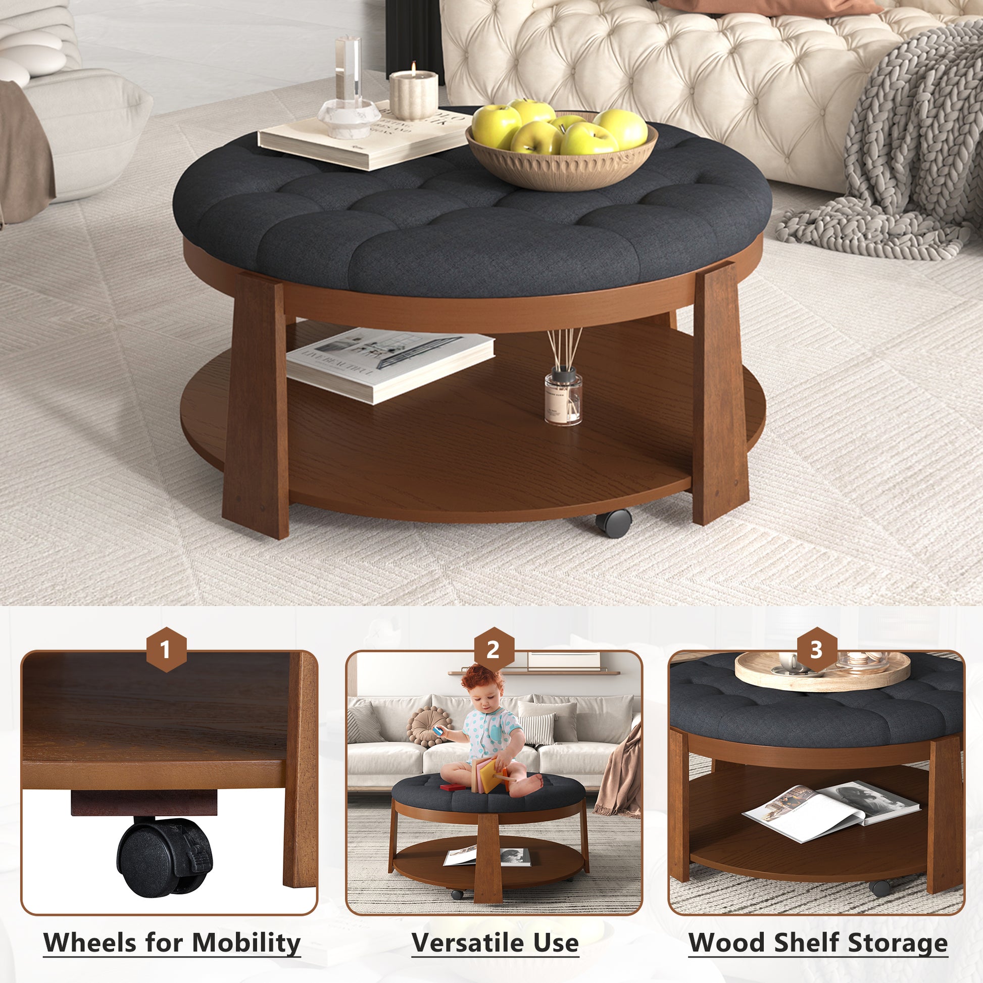 Dark gray tufted round ottoman coffee table with wood accents and dual shelves