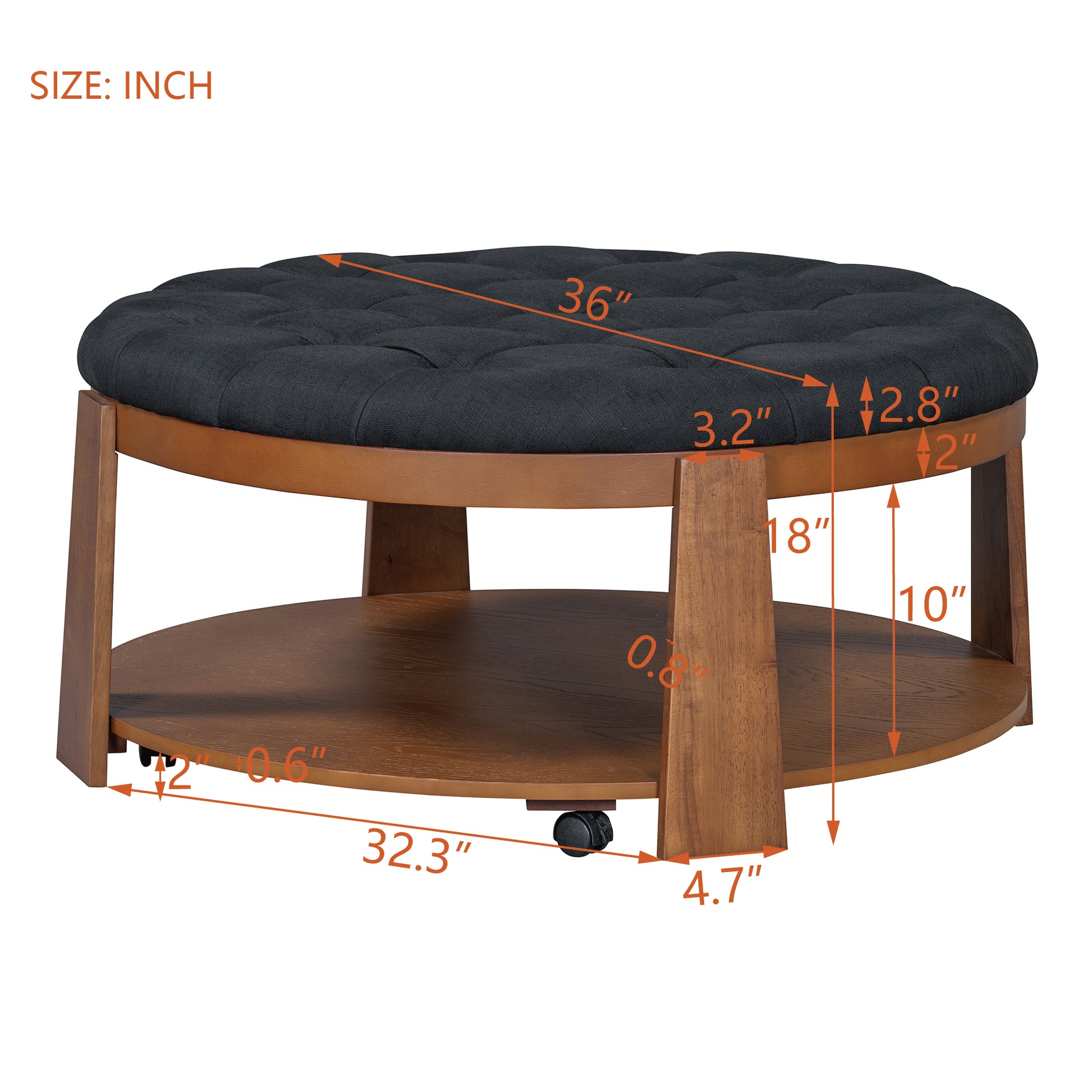 Tufted dark grey fabric ottoman with dualtier wooden frame and rolling casters