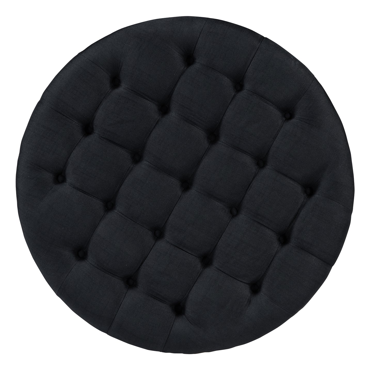 Black tufted round ottoman with deep button details for elegant living room accent