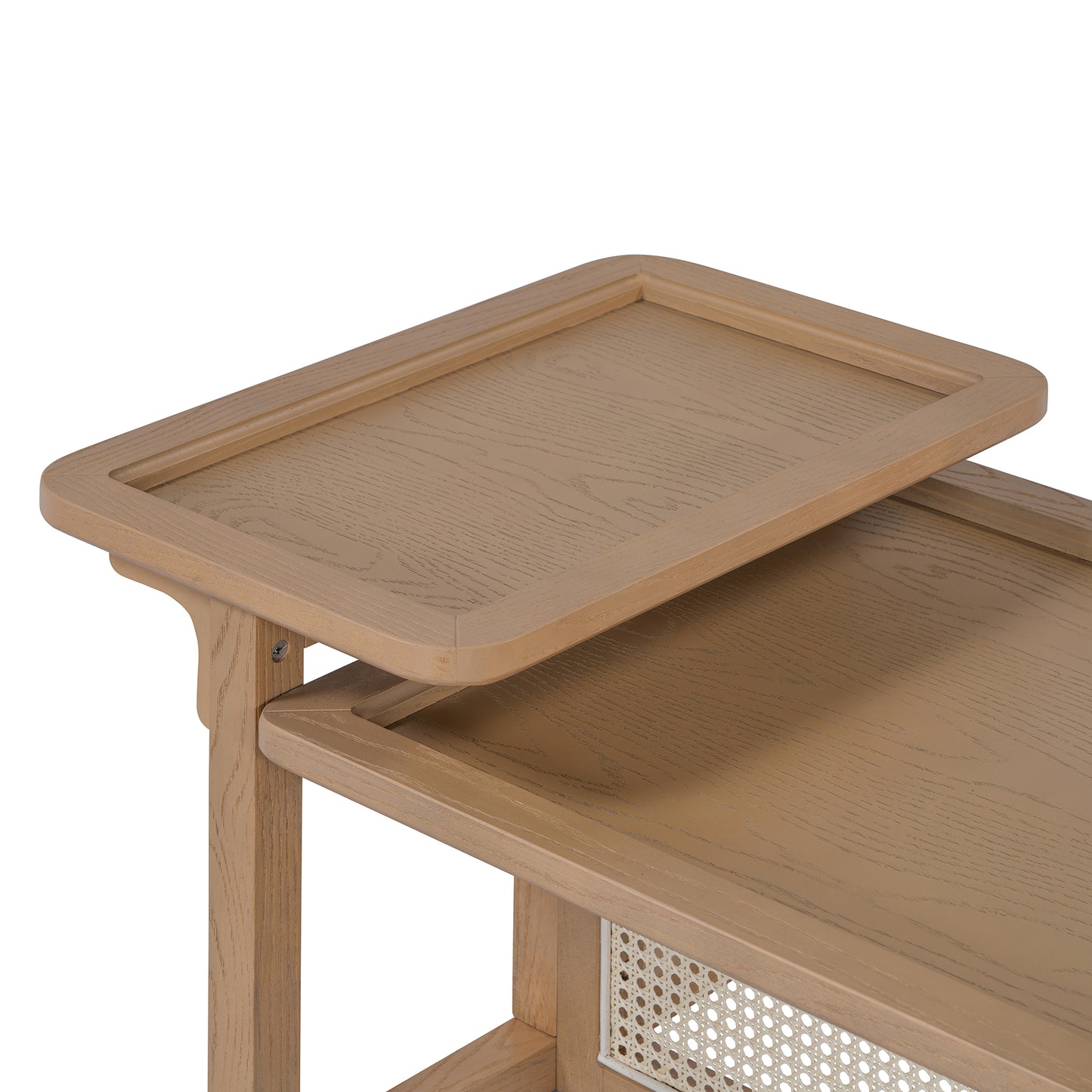 Light oak wood side table with two tiered shelves and a cane detail on the lower shelf