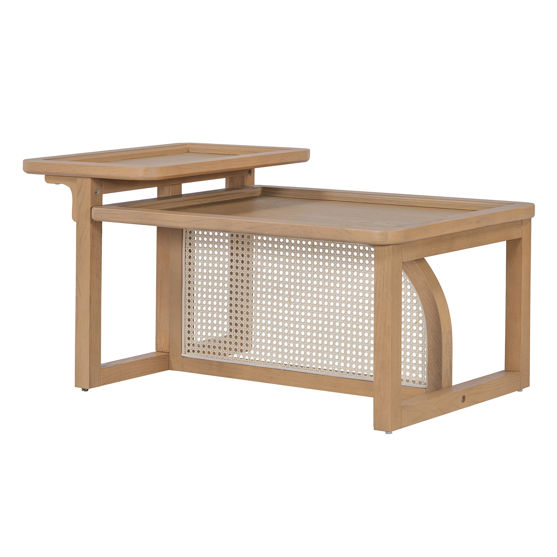 Natural wood coffee table with dual tiered design and cane panel detail