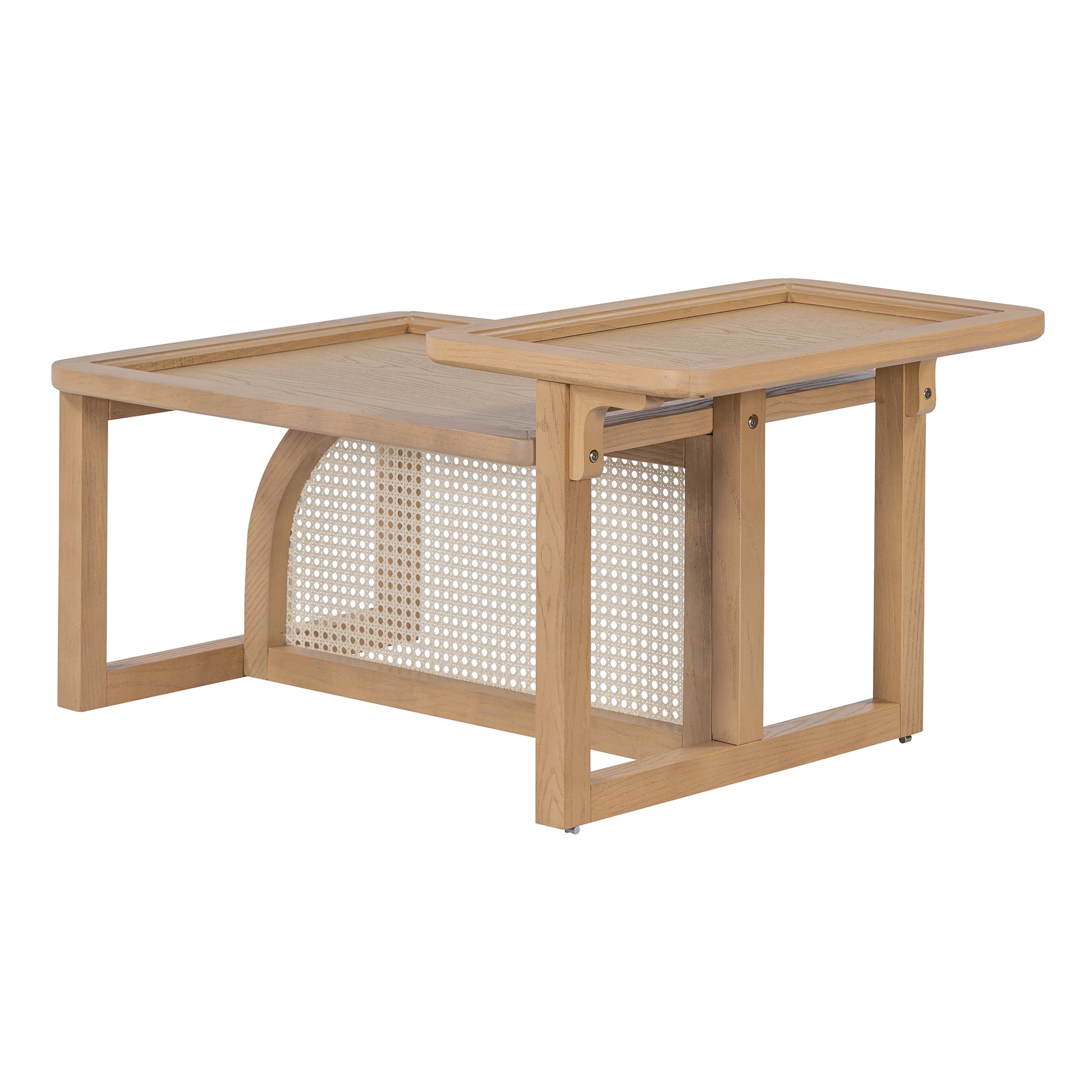 Light oak expandable coffee table with woven cane panel detail