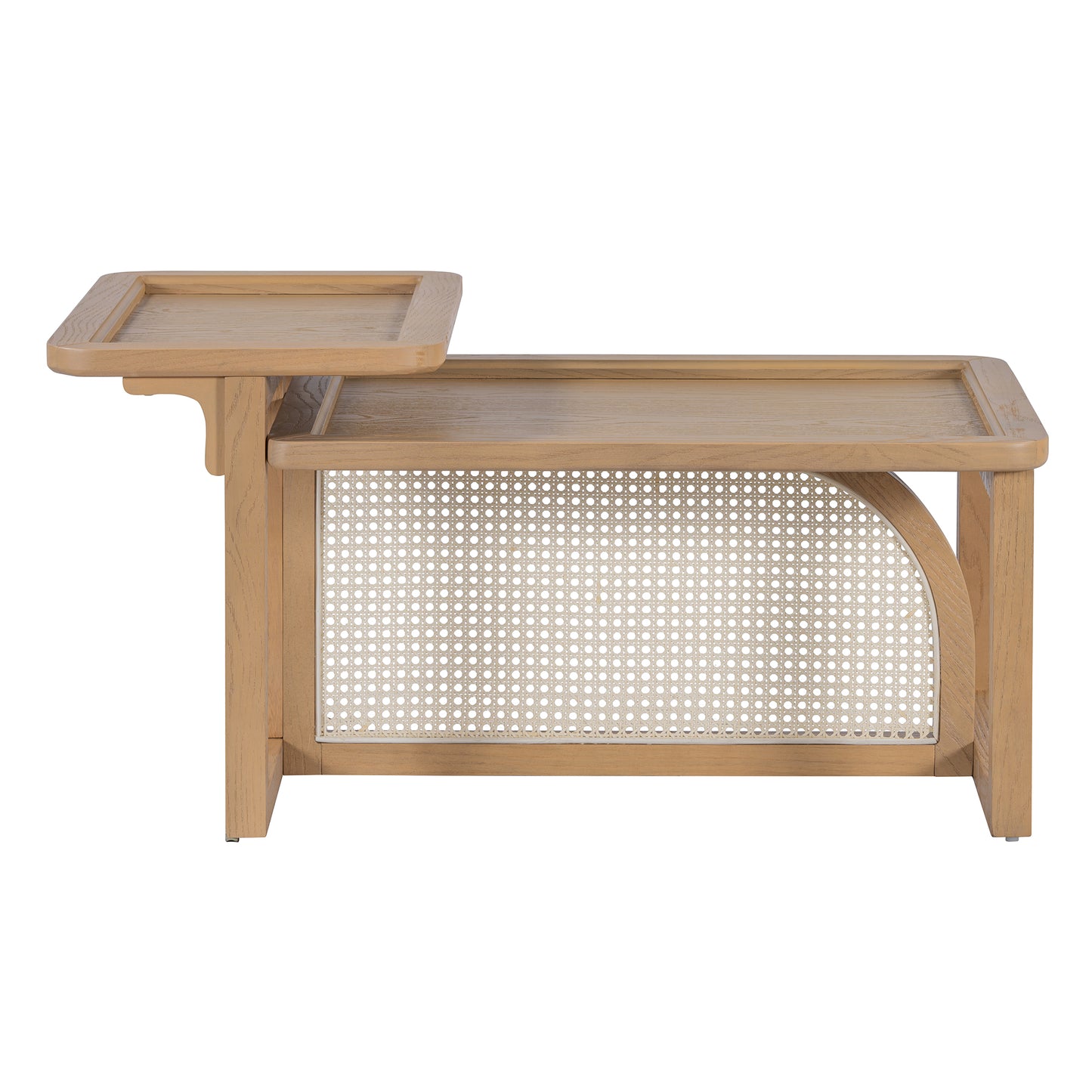 Natural oak end table with raised lip and woven cane panel ideal for living rooms