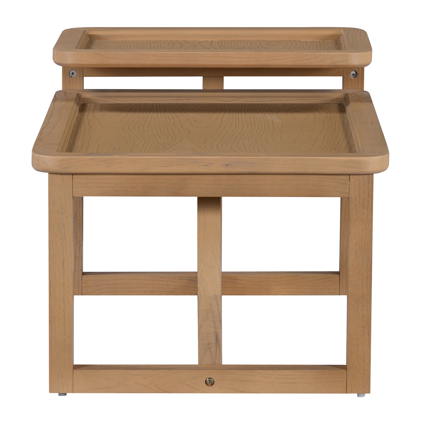Natural wood twotier accent table with carved details for living room decor
