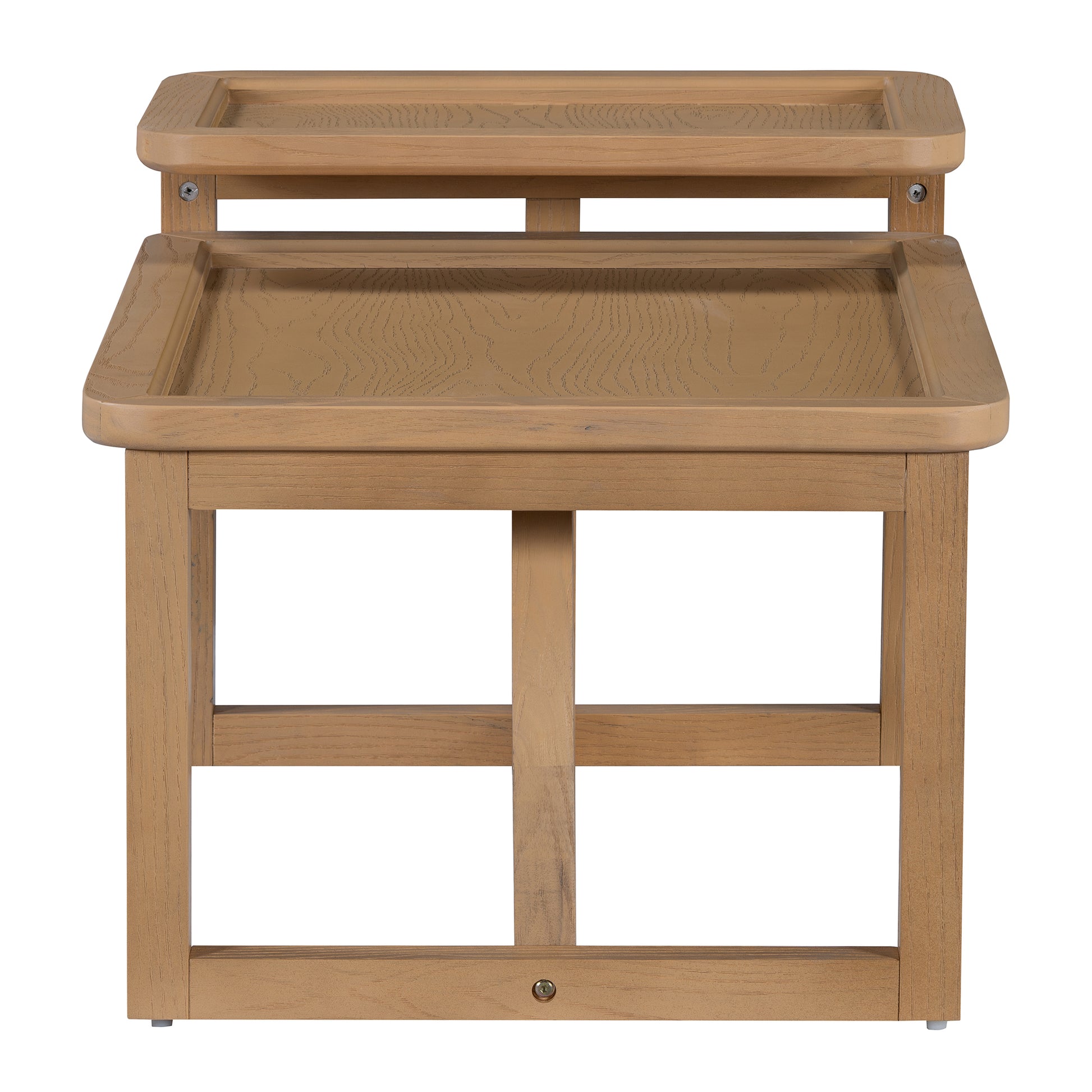 Natural wood twotier accent table with carved details for living room decor