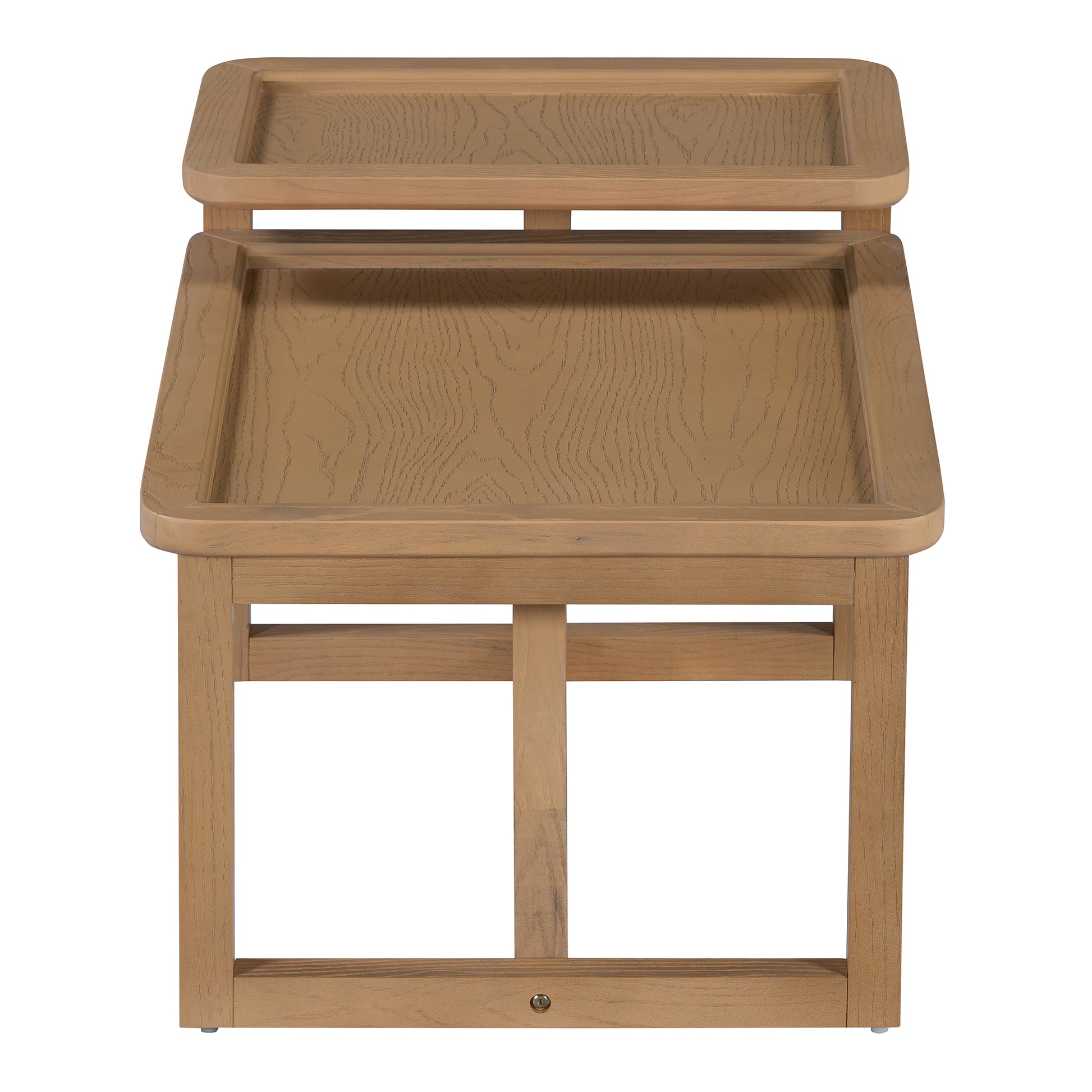 Light brown wooden accent table with two tiered trays and natural wood grain