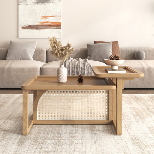 Natural wood coffee table with rattan paneling perfect for modern living rooms