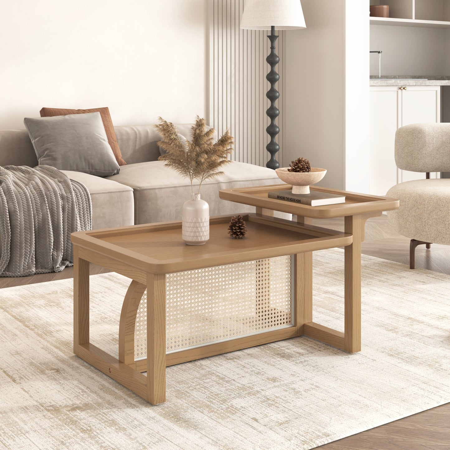 Natural oak coffee table with cane detailing perfect for modern living rooms
