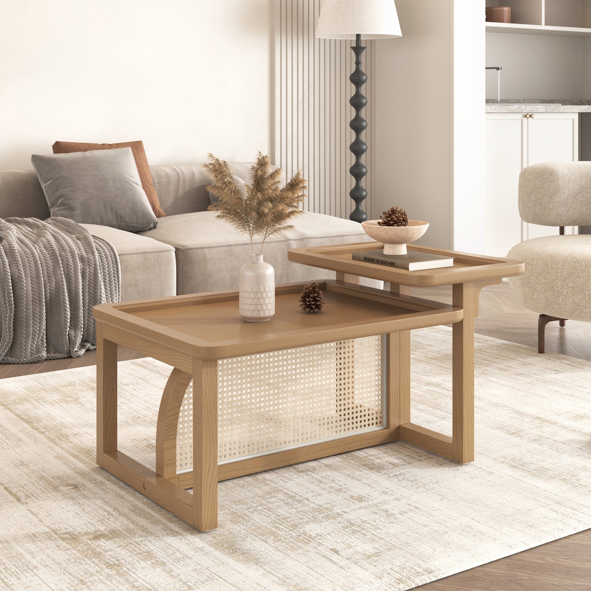 Natural oak coffee table with cane detailing perfect for modern living rooms