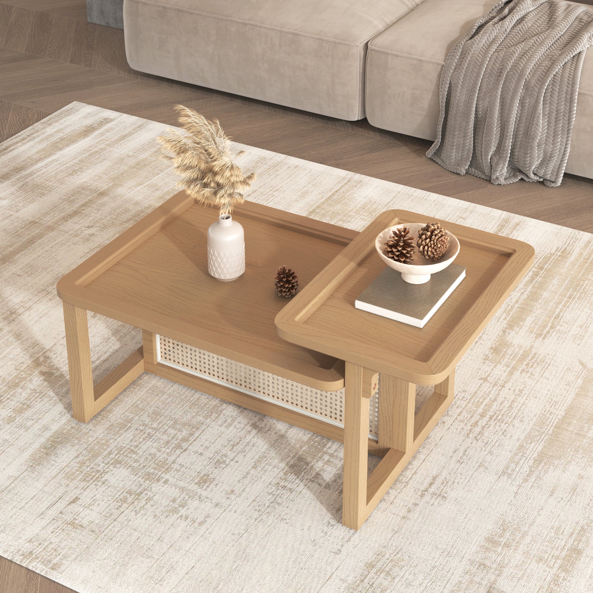 Modern wood coffee table with cane detailing and two tiered surfaces for display