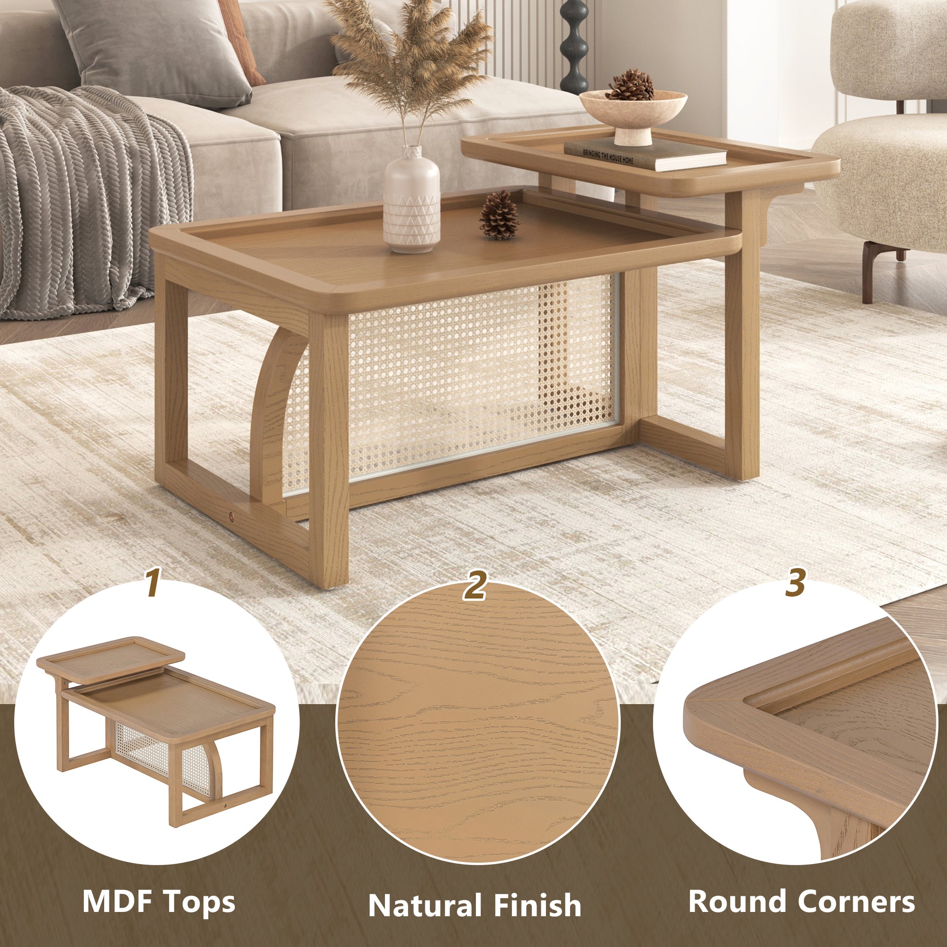 Nesting coffee table with natural wood finish and rattan inlay
