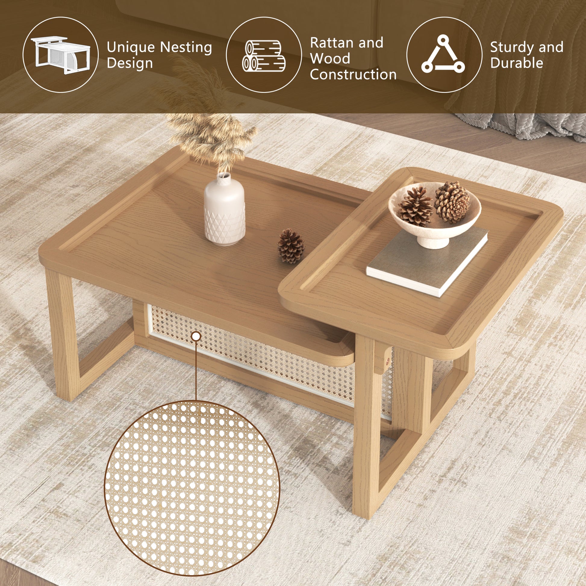 Nesting coffee table with unique design and rattan weave detail natural wood finish
