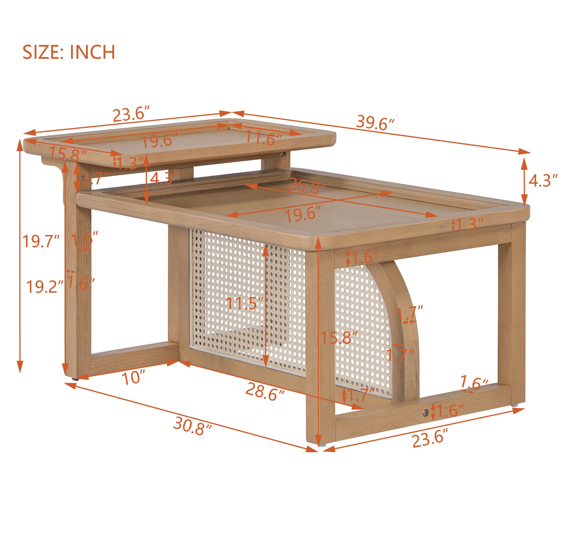 Light oak side table with cane inlay detailing dimensions shown in inches for scale