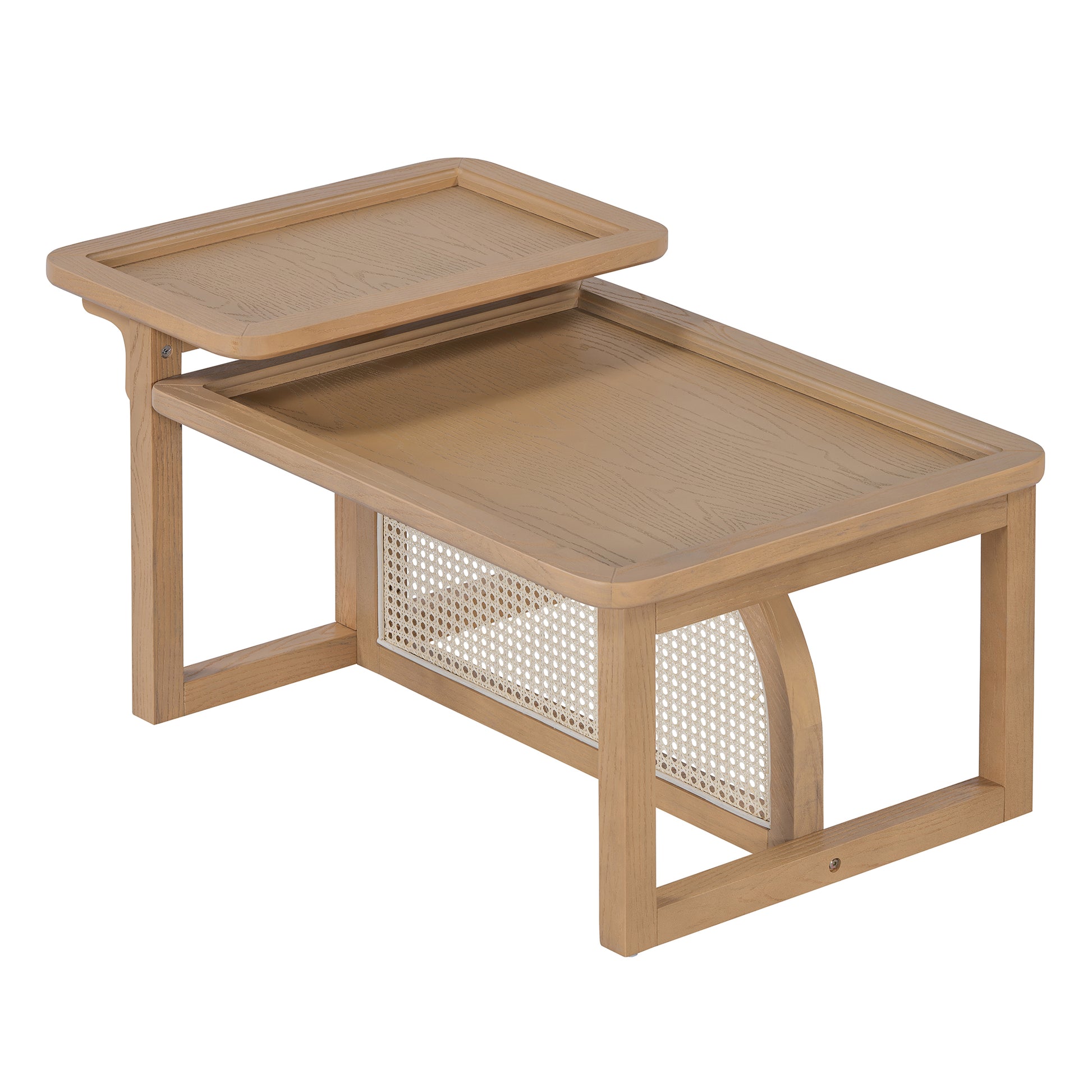 Light oak coffee table with tiered top and cane webbing detail