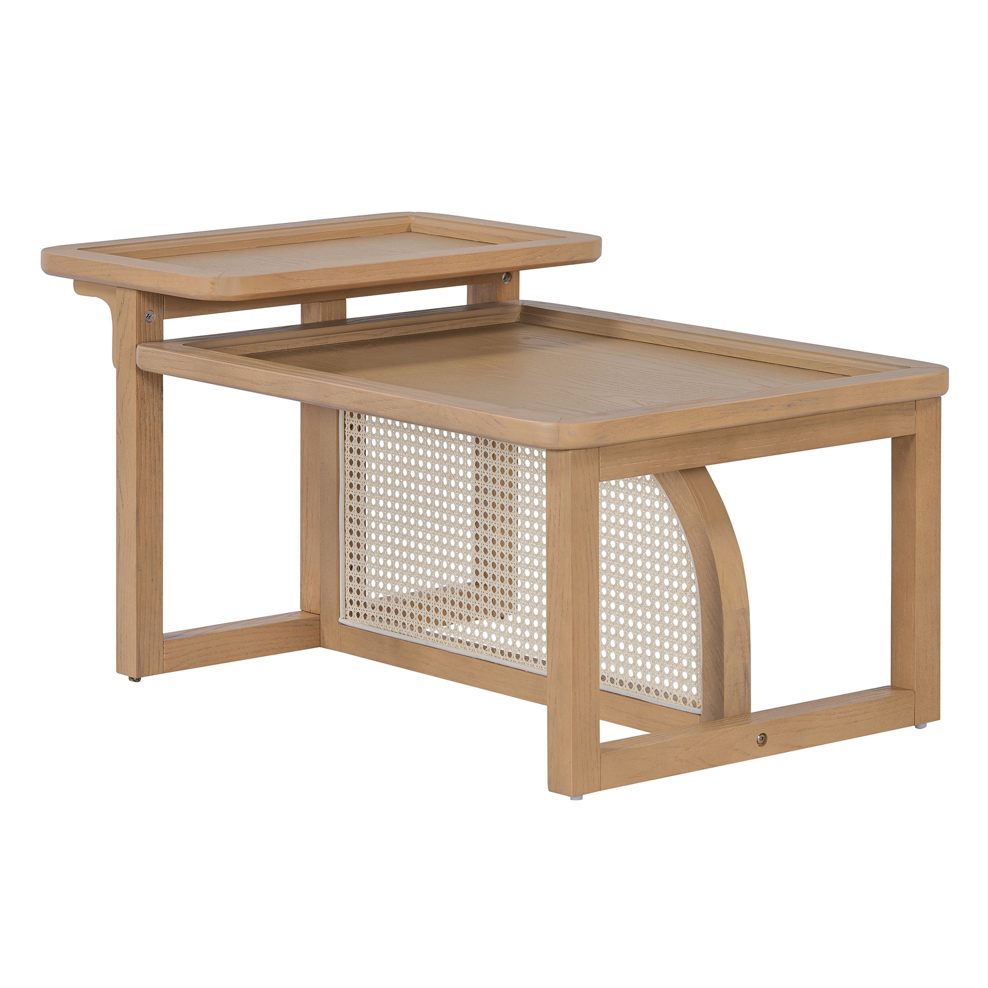 Oak side table with cane inlay and tiered design perfect for modern living rooms
