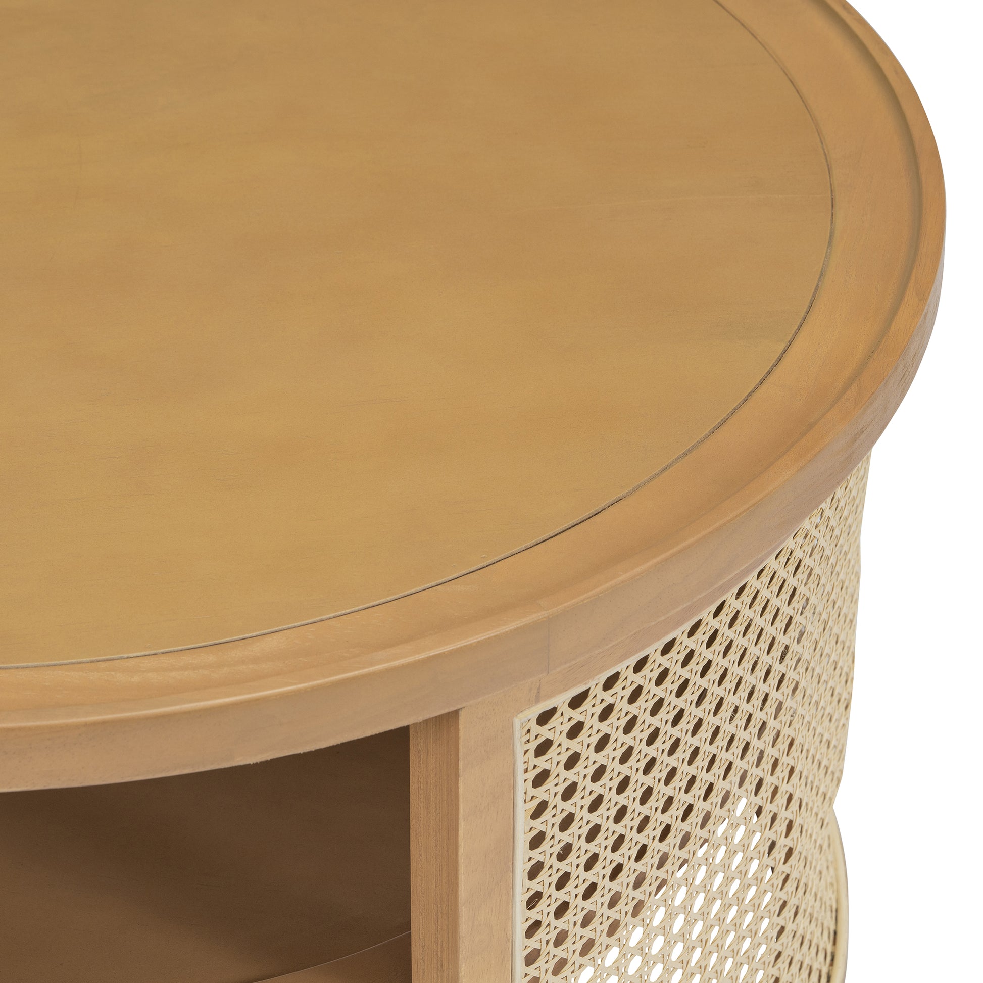 Natural wood round coffee table with woven cane detailing