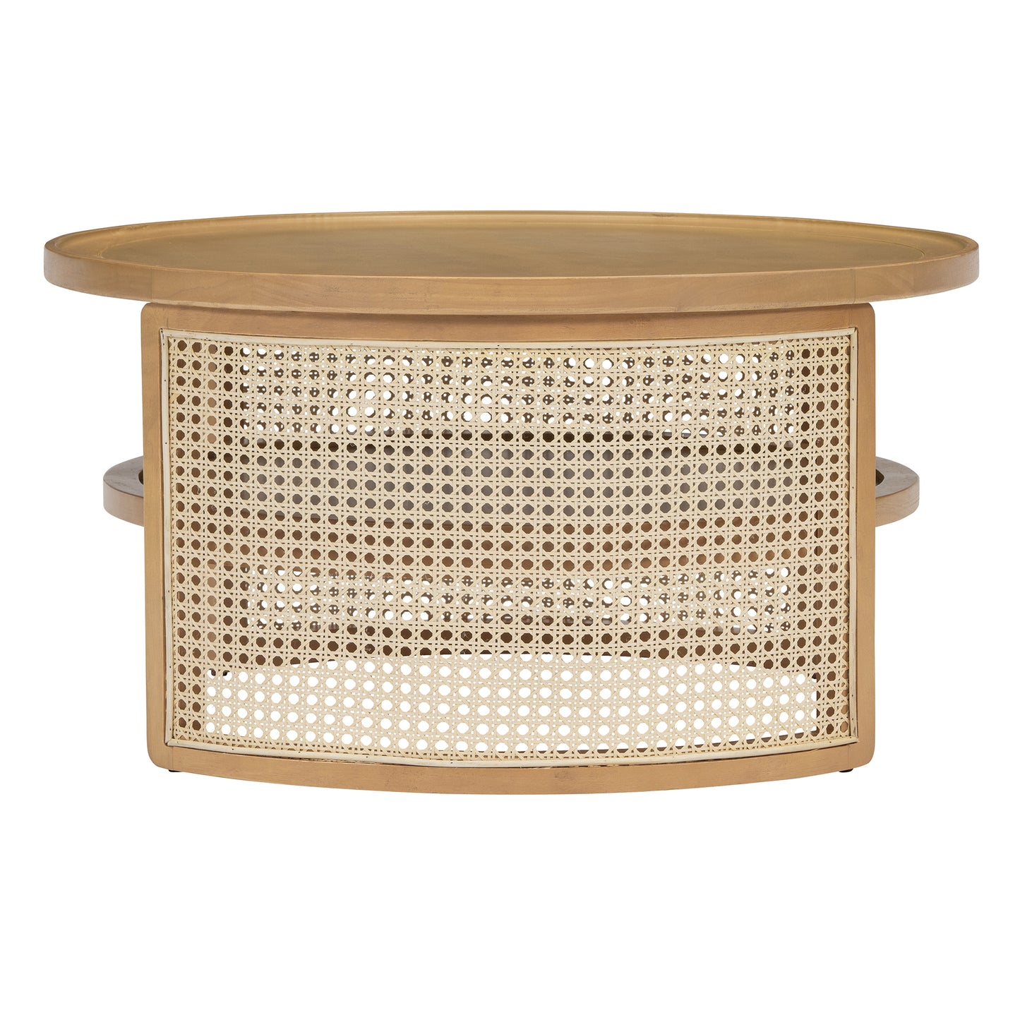 Natural wood oval coffee table with rattan detailing