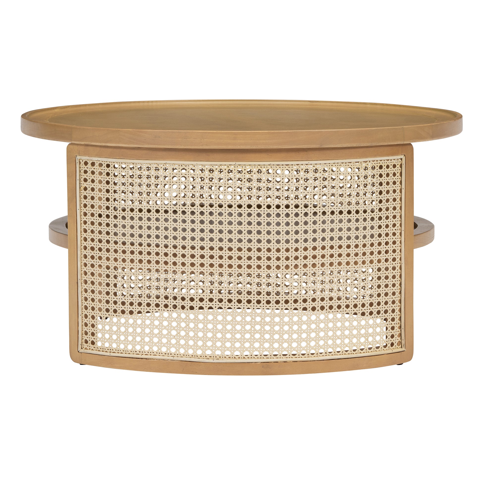 Natural wood oval coffee table with rattan detailing