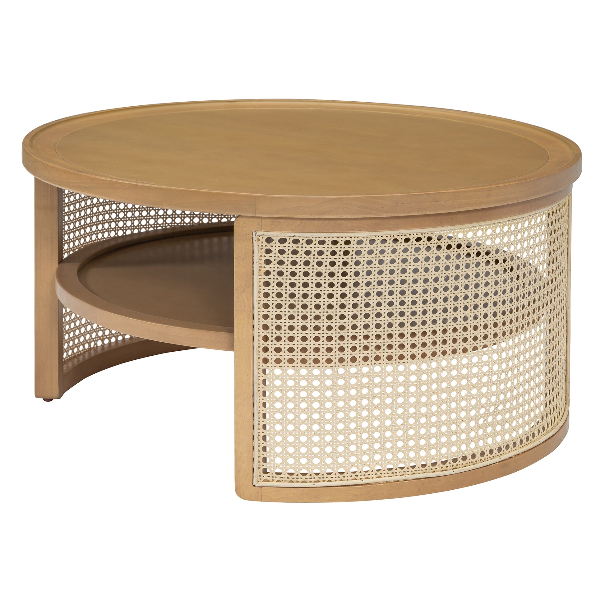 Round wood coffee table with two shelves and a woven cane accent on the curved sides