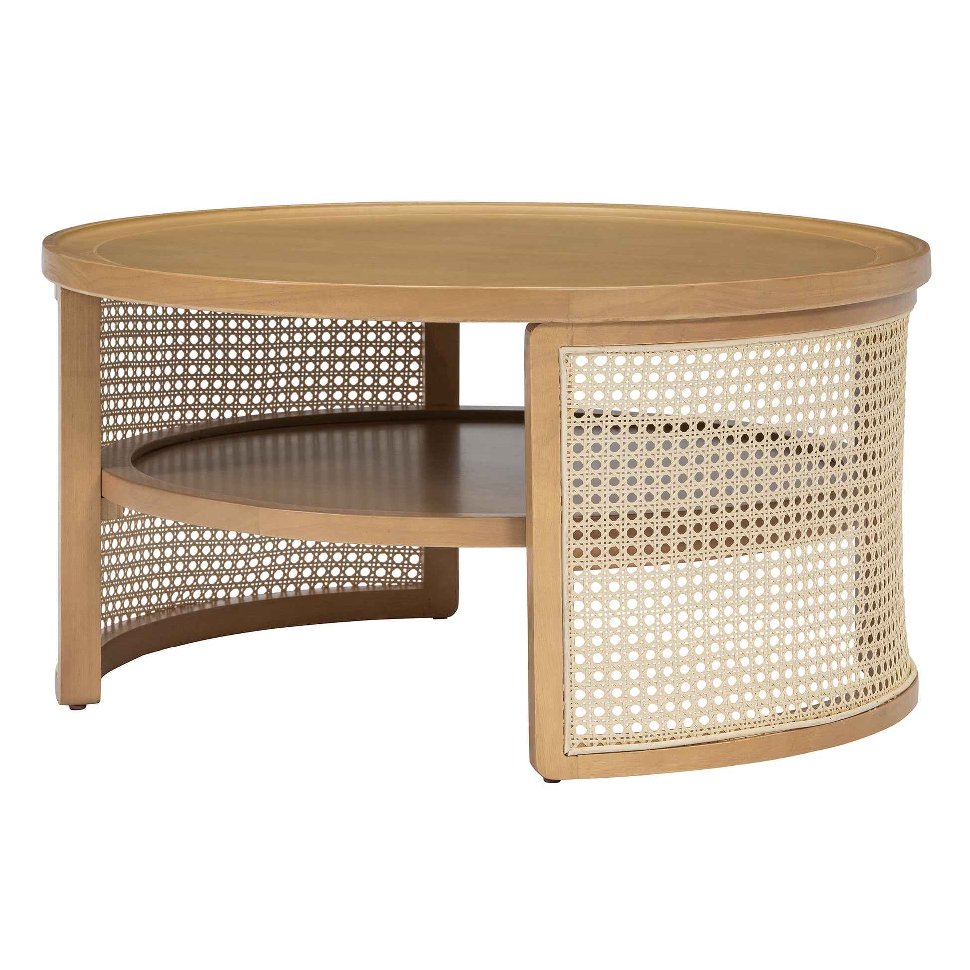 Round wood coffee table with cane detailing and lower shelf