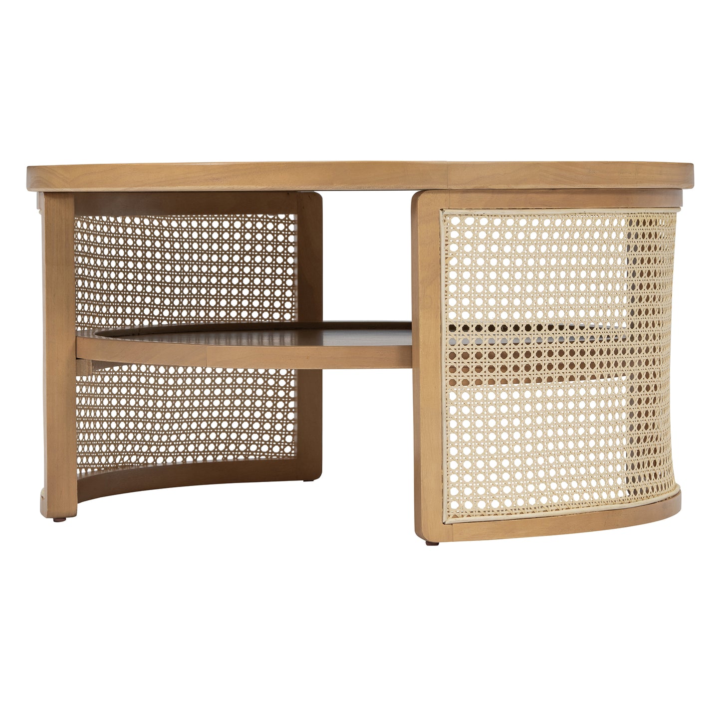 Natural wood coffee table with cane webbing detail and two shelves