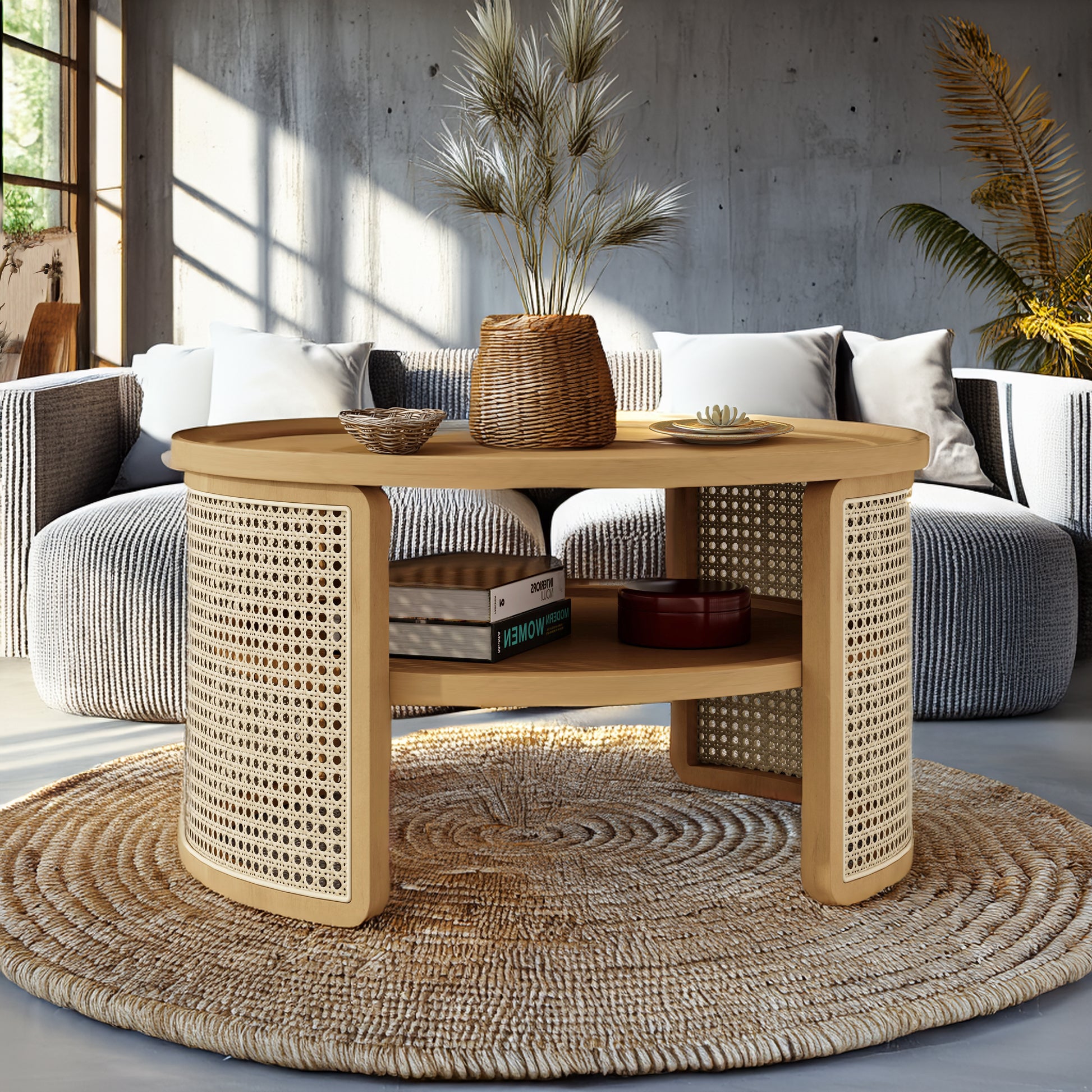Round natural wood coffee table with woven rattan sides and a lower shelf