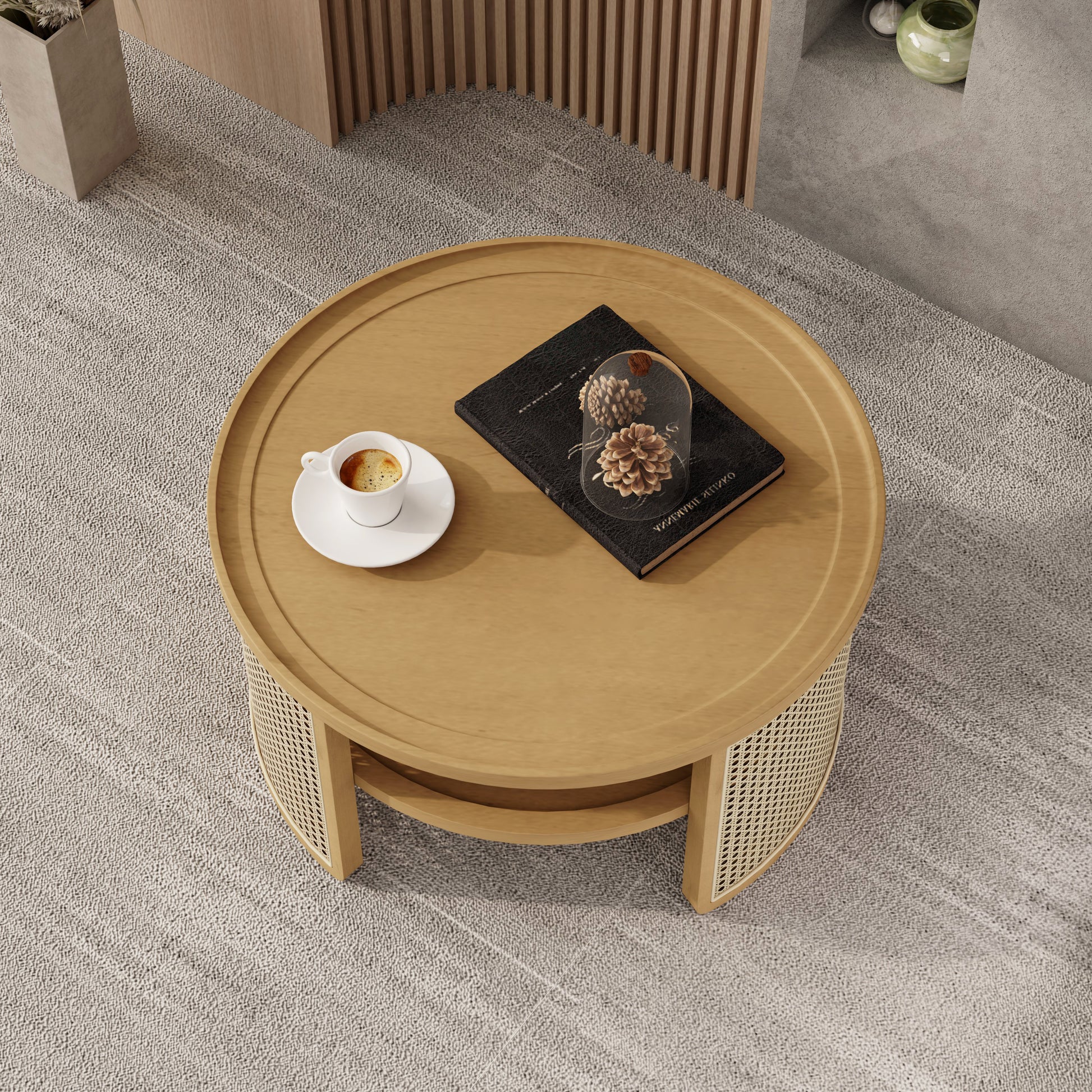Round oak coffee table with cane detailing and a cup of espresso