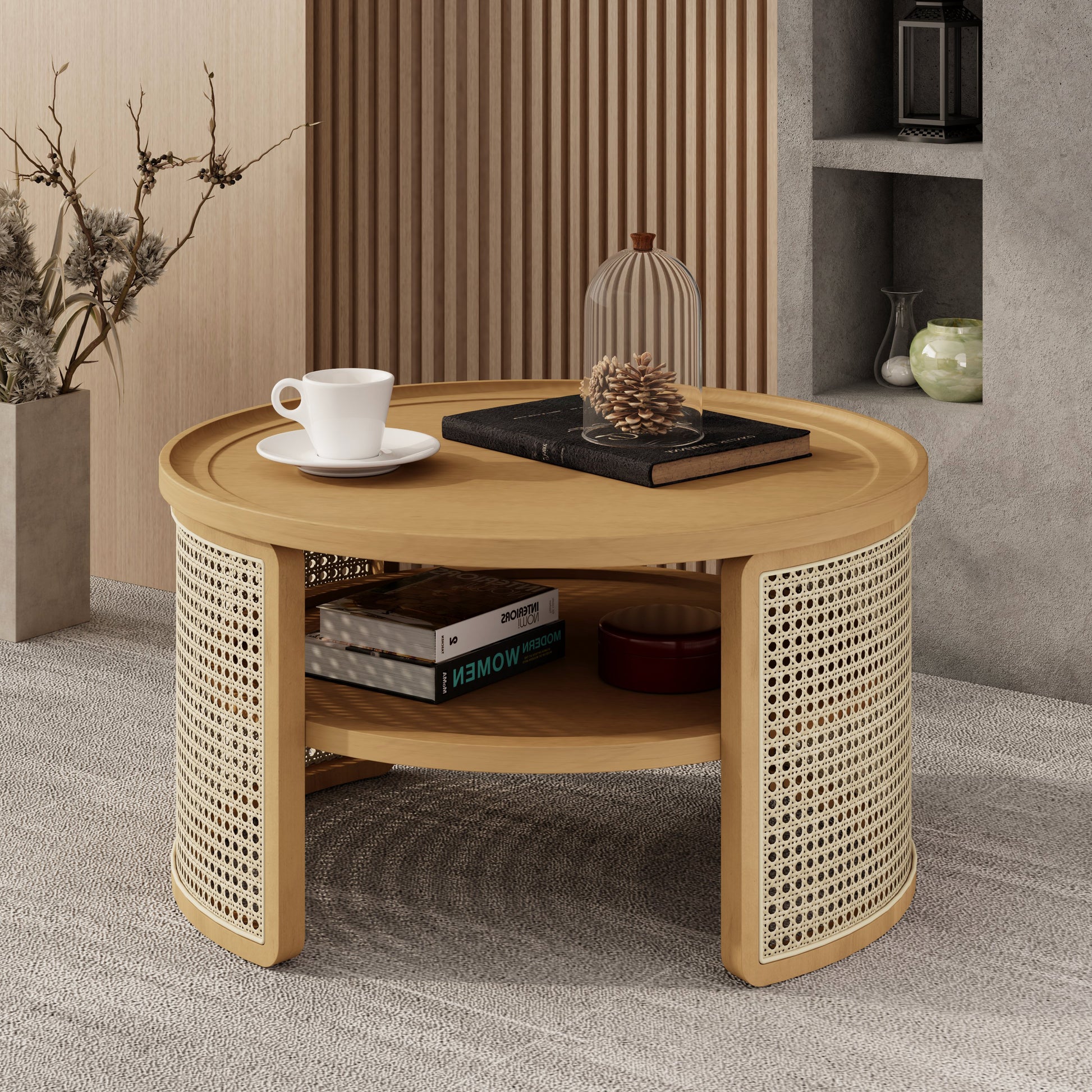 Round cane and wood coffee table with a modern Scandinavian design perfect for living rooms