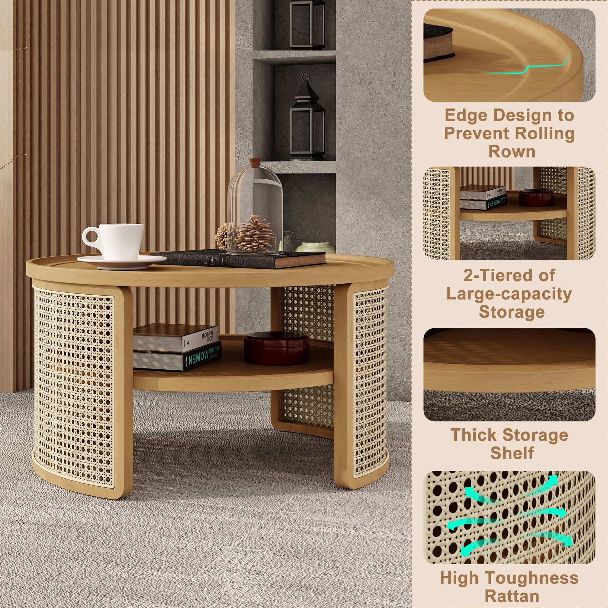Natural wood coffee table with woven rattan sides and two shelves  characters