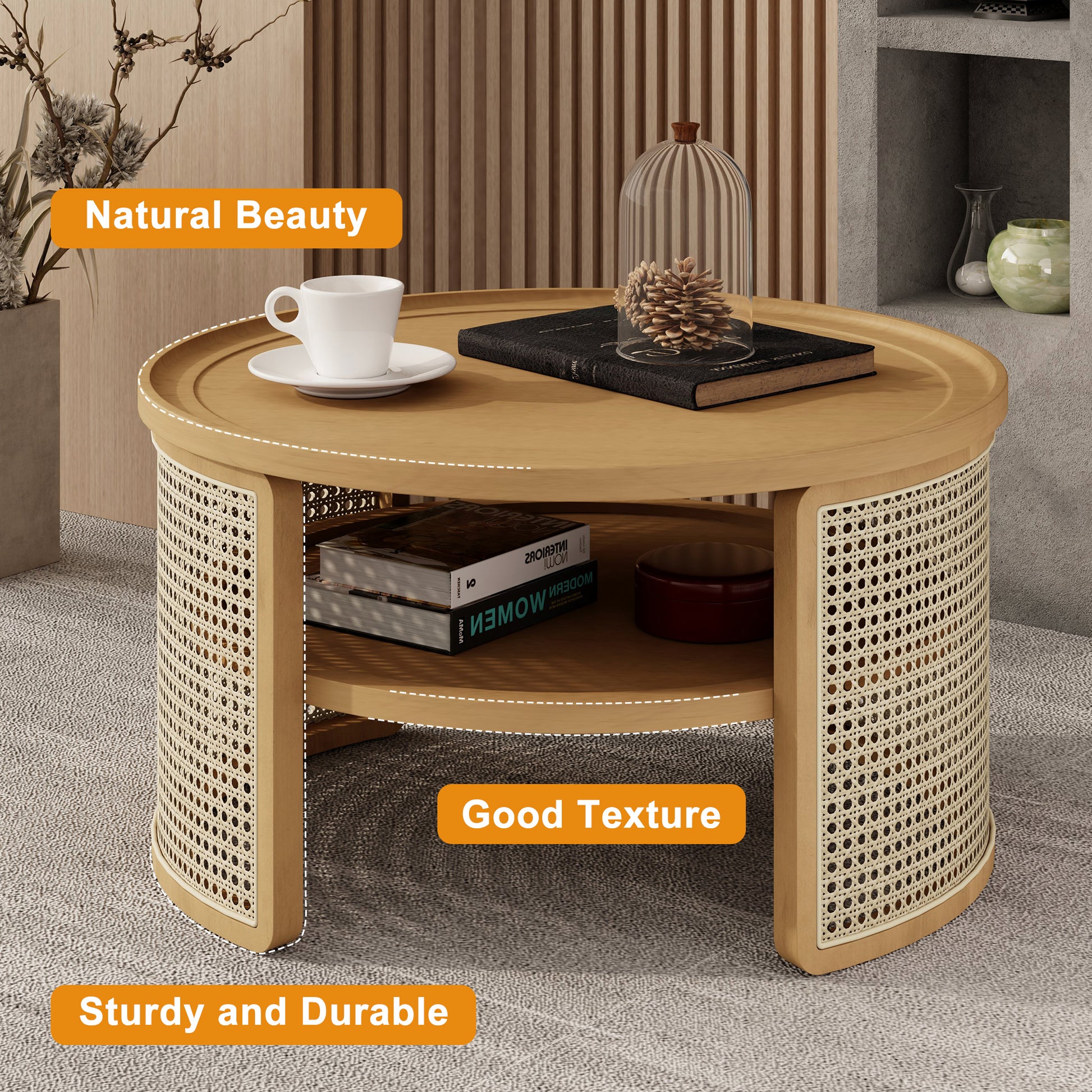 Round wooden coffee table with rattan sides and two shelves featuring a textured carpet