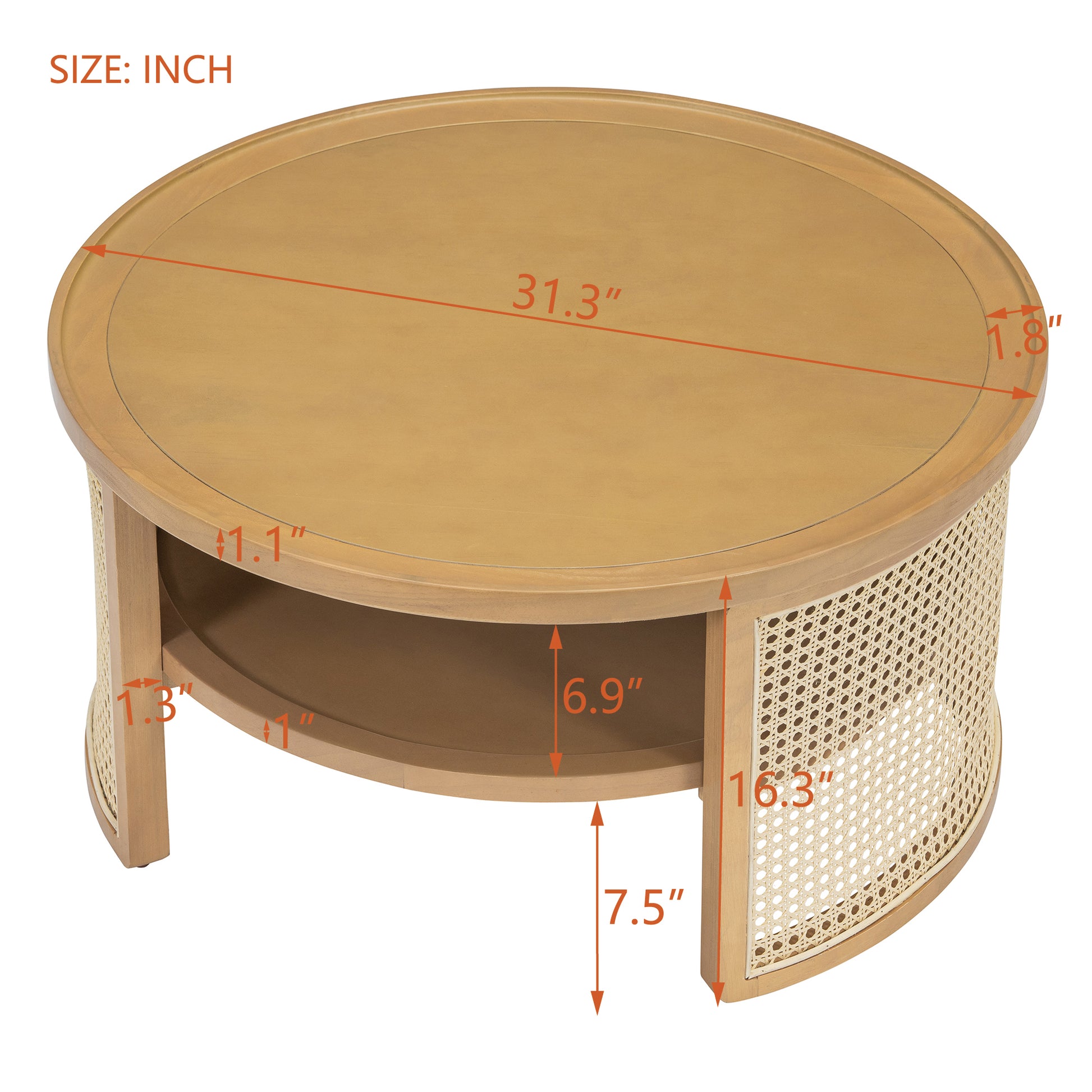 Round wood coffee table with cane detailing and lower shelf