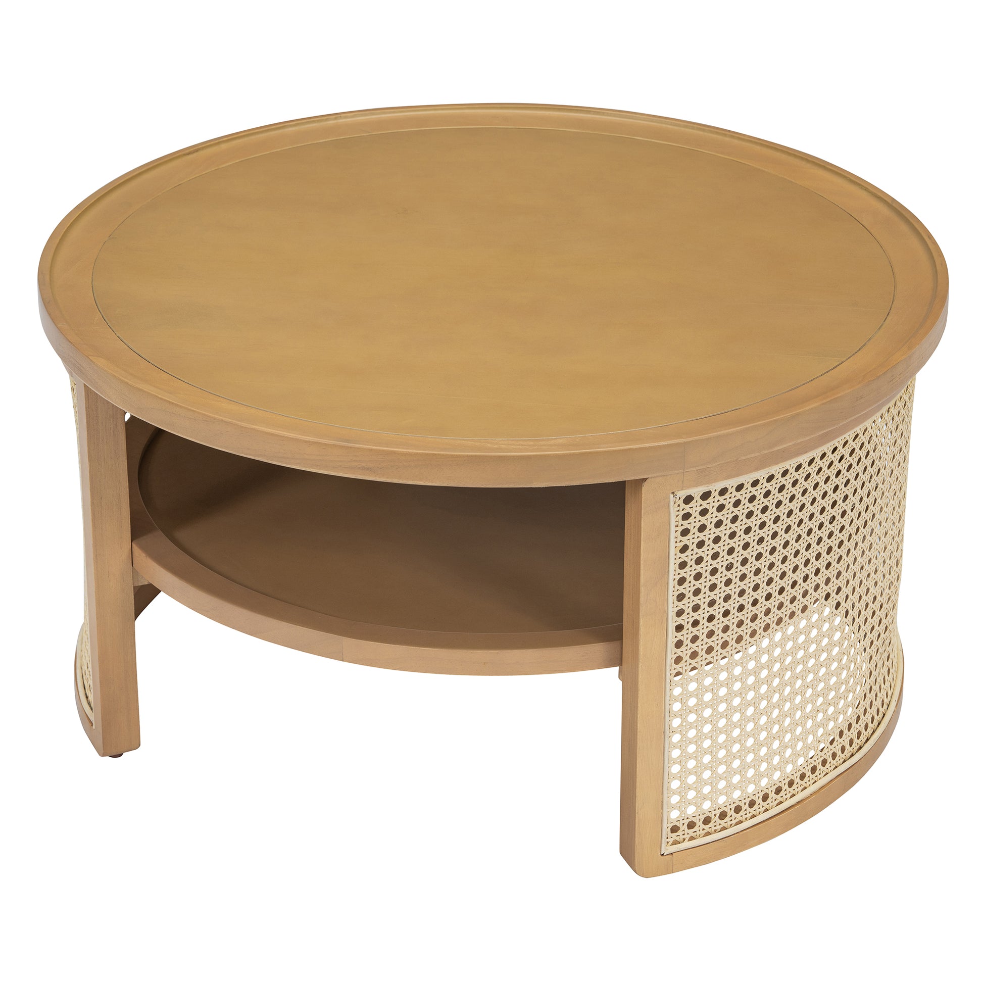 Round wood coffee table with cane detailing and two shelves for storage